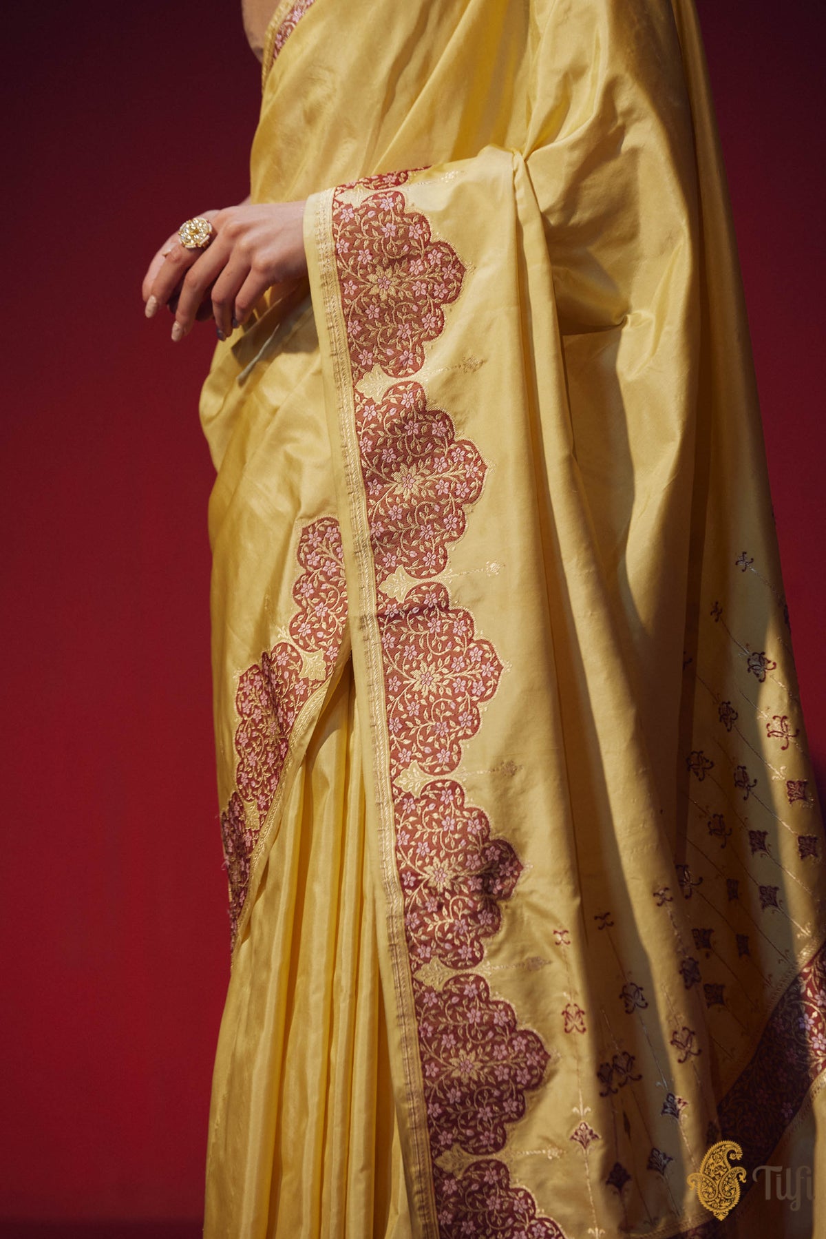 &#39;Usha&#39; Yellow Pure Katan Silk Banarasi Handloom Saree