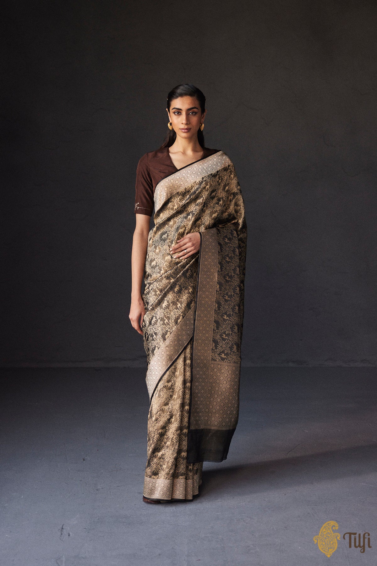 Black Pure Satin Silk Tissue Banarasi Shikargah Handloom Saree