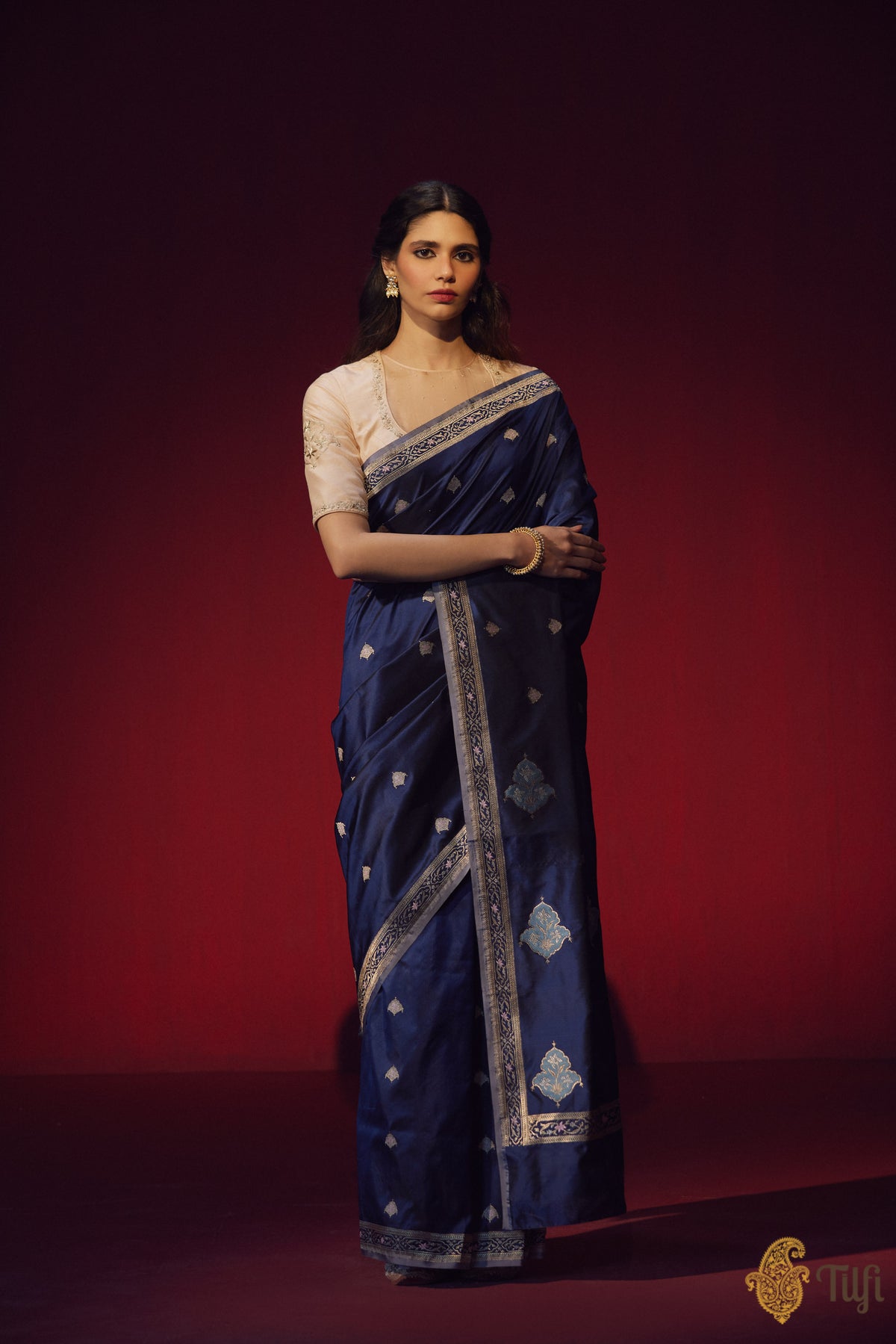 Pre-Order: &#39;Shanta&#39; Navy Blue Pure Katan Silk Banarasi Handloom Saree