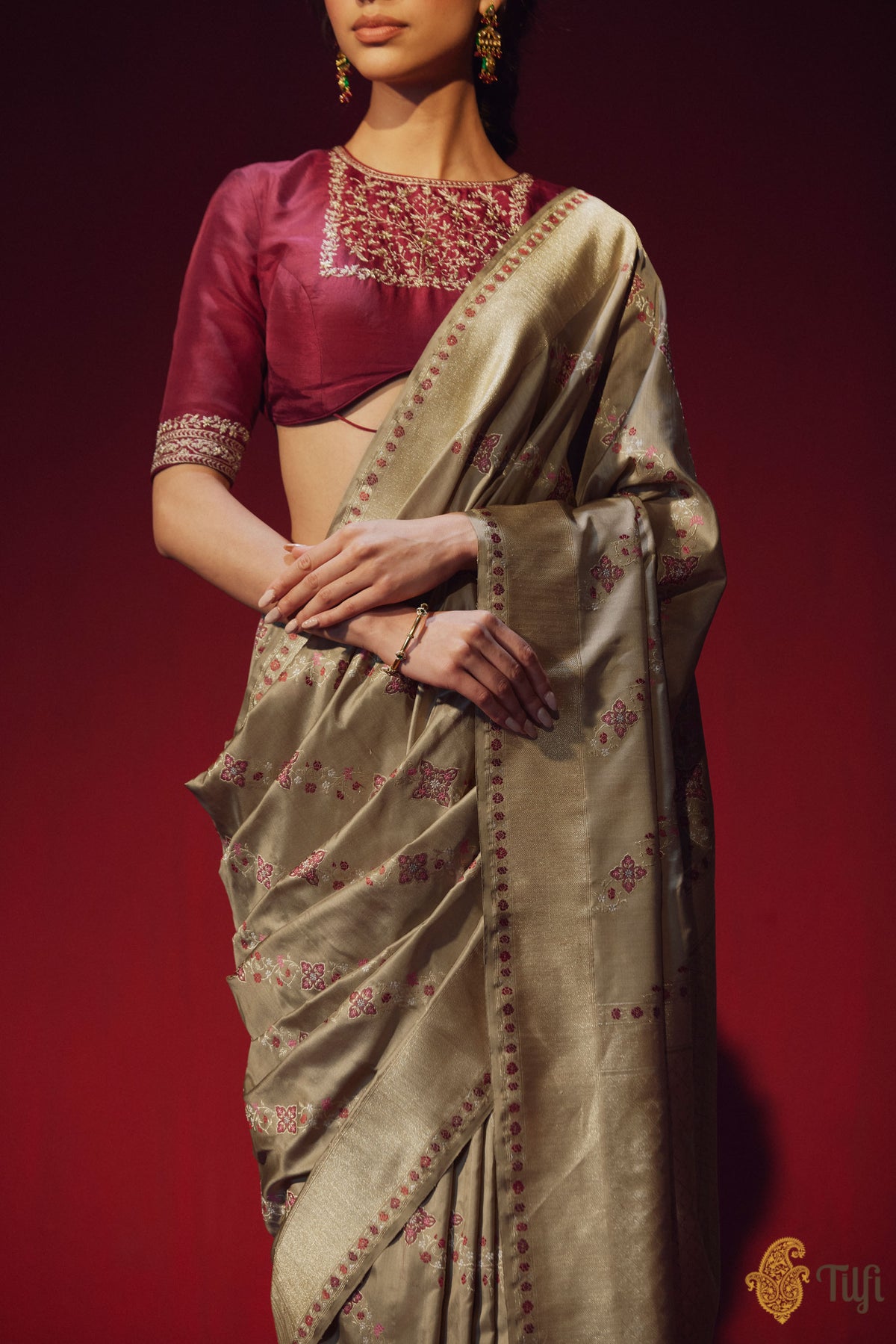 &#39;Nadira&#39; Taupe Pure Katan Silk Banarasi Real Zari Handloom Saree