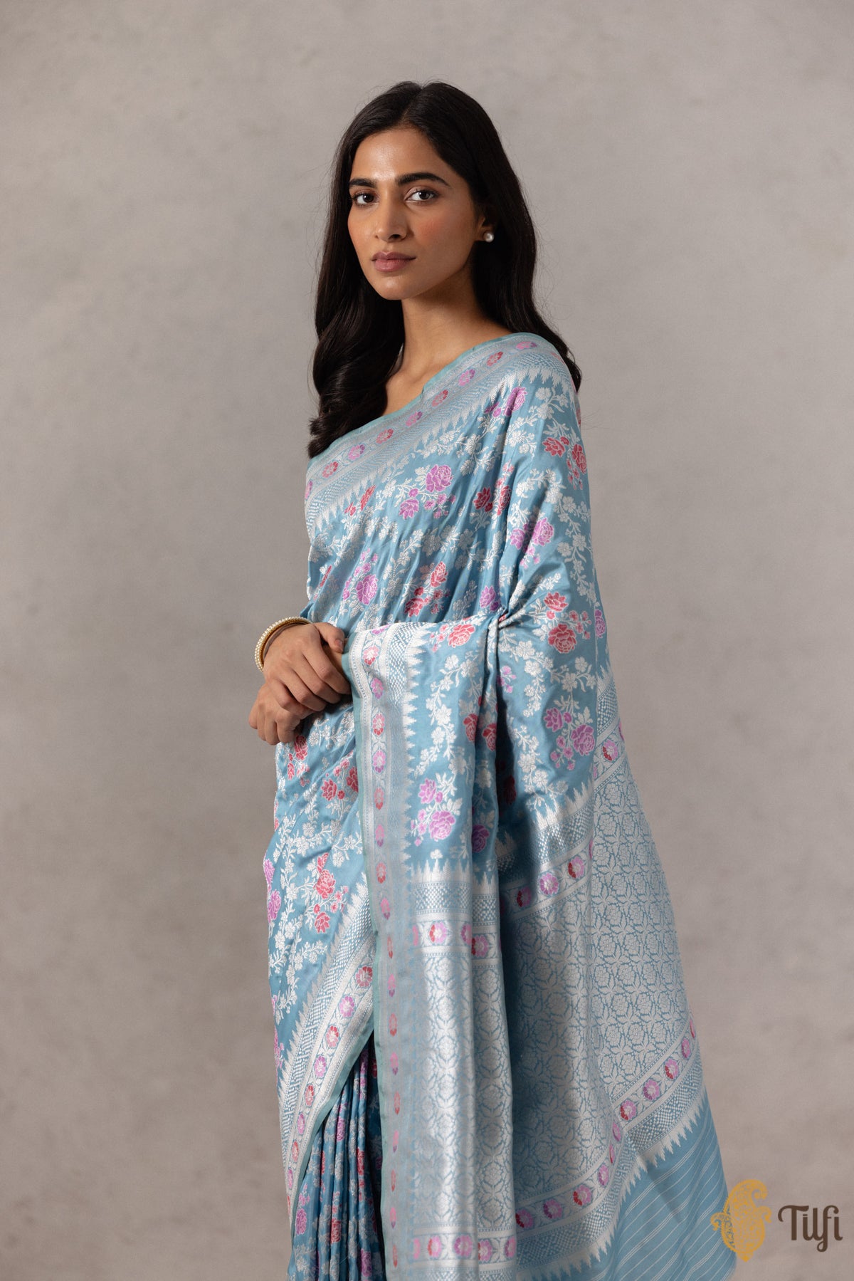 Pre-Order: Light Firozi Blue Pure Katan Silk Banarasi Handloom Saree