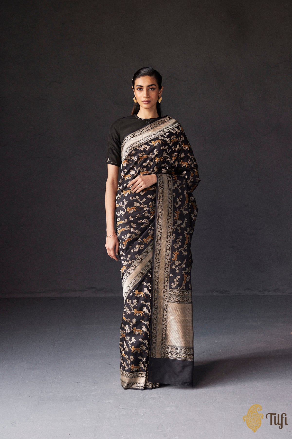 Pre-Order: &#39;Leopards on Branches&#39; Black Pure Katan Silk Banarasi Shikargah Handloom Saree