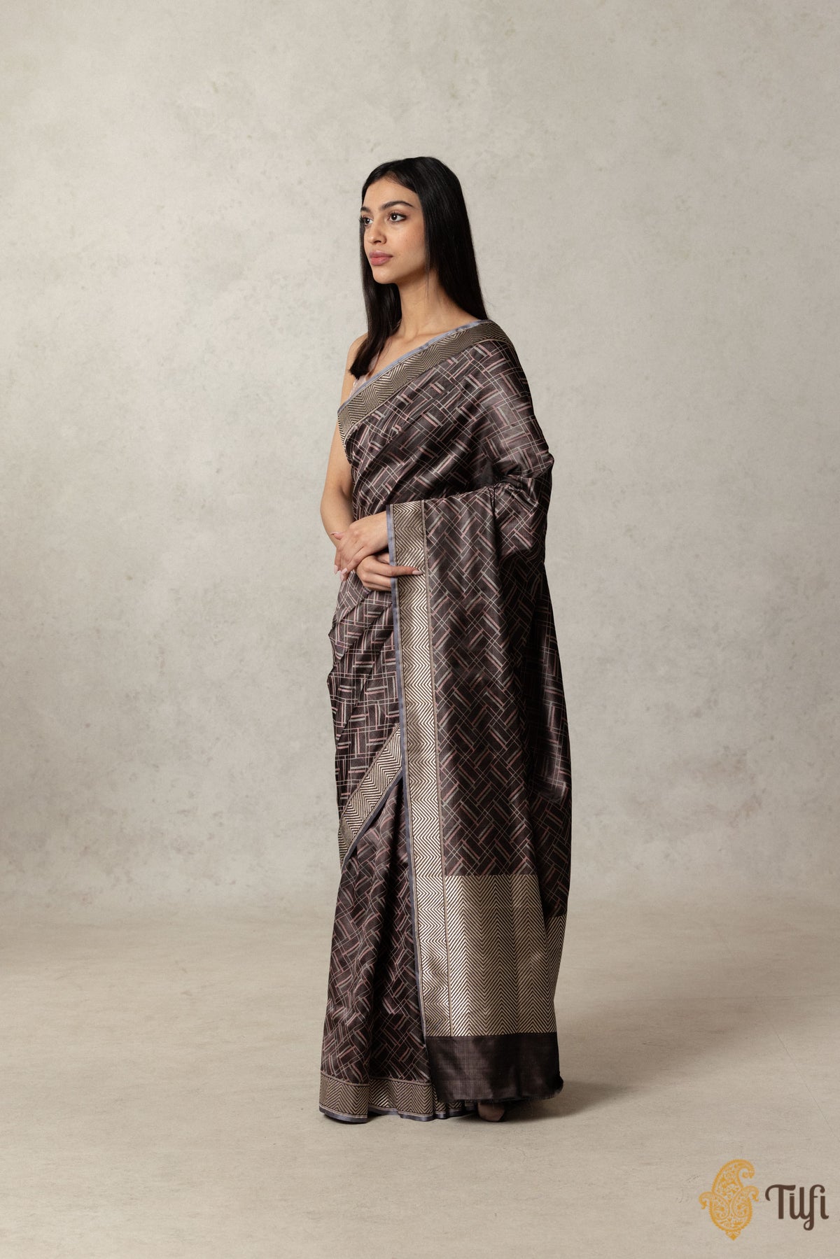 &#39;Sonia&#39; Black Pure Satin Silk Geometric Banarasi Handloom Saree