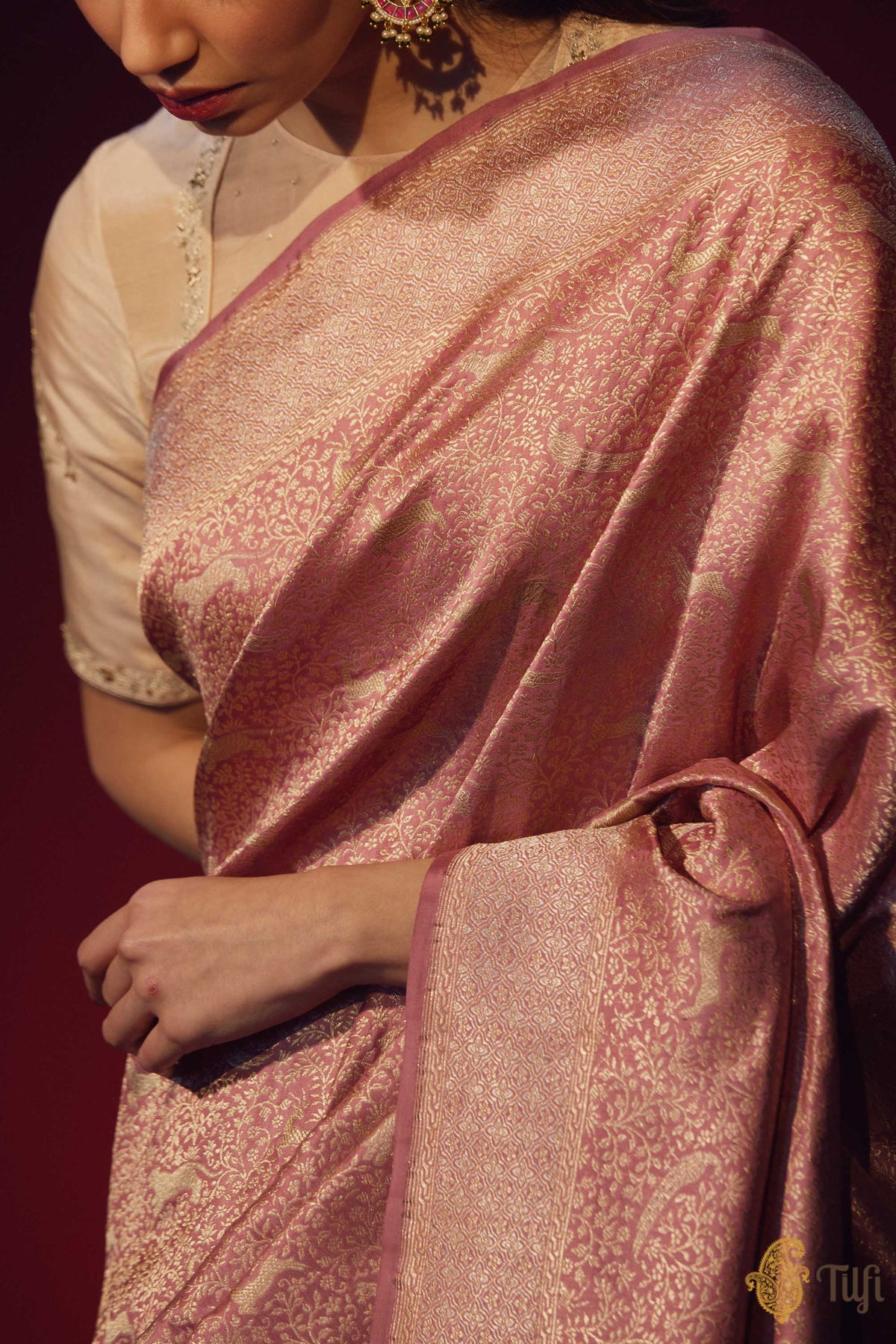 Pre-Order: &#39;Asha&#39; Dusty Pink Pure Katan Silk Banarasi Handloom Saree
