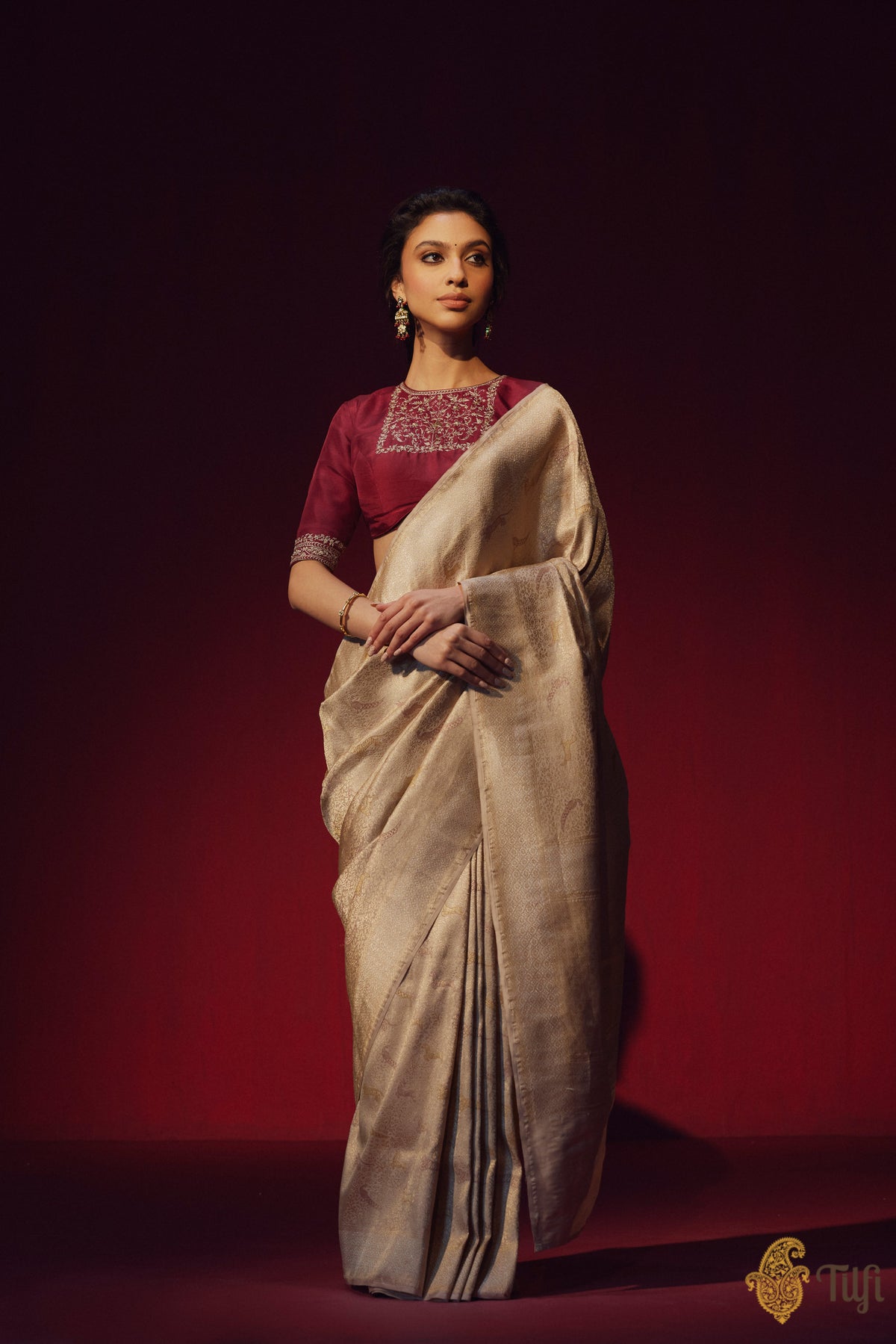 &#39;Asha&#39; Cream-Beige Pure Katan Silk Banarasi Handloom Saree