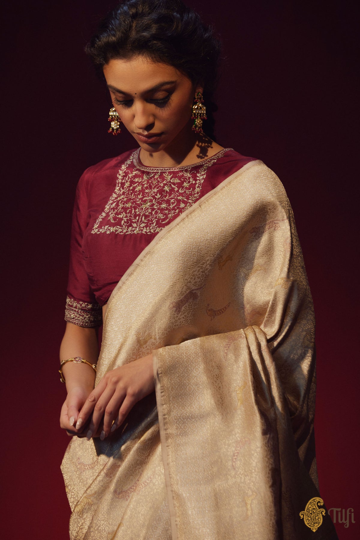 Pre-Order: &#39;Asha&#39; Cream-Beige Pure Katan Silk Banarasi Handloom Saree