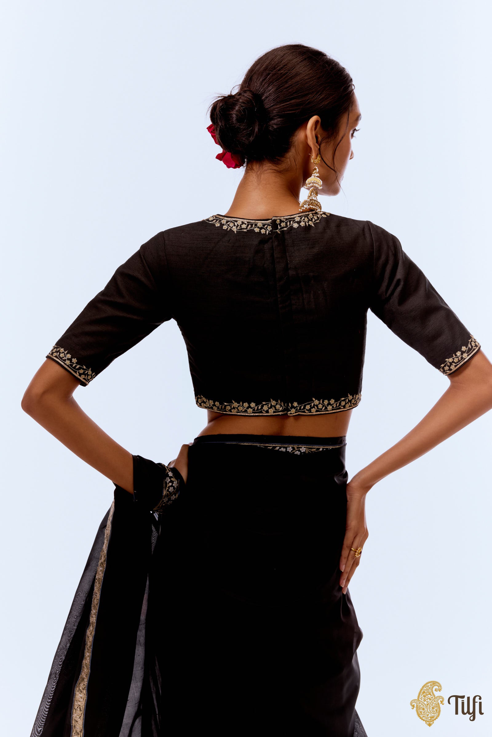 Black Blouse with the high Round Neck in Art Silk with Cut Out Back and Hook Closure main image 1