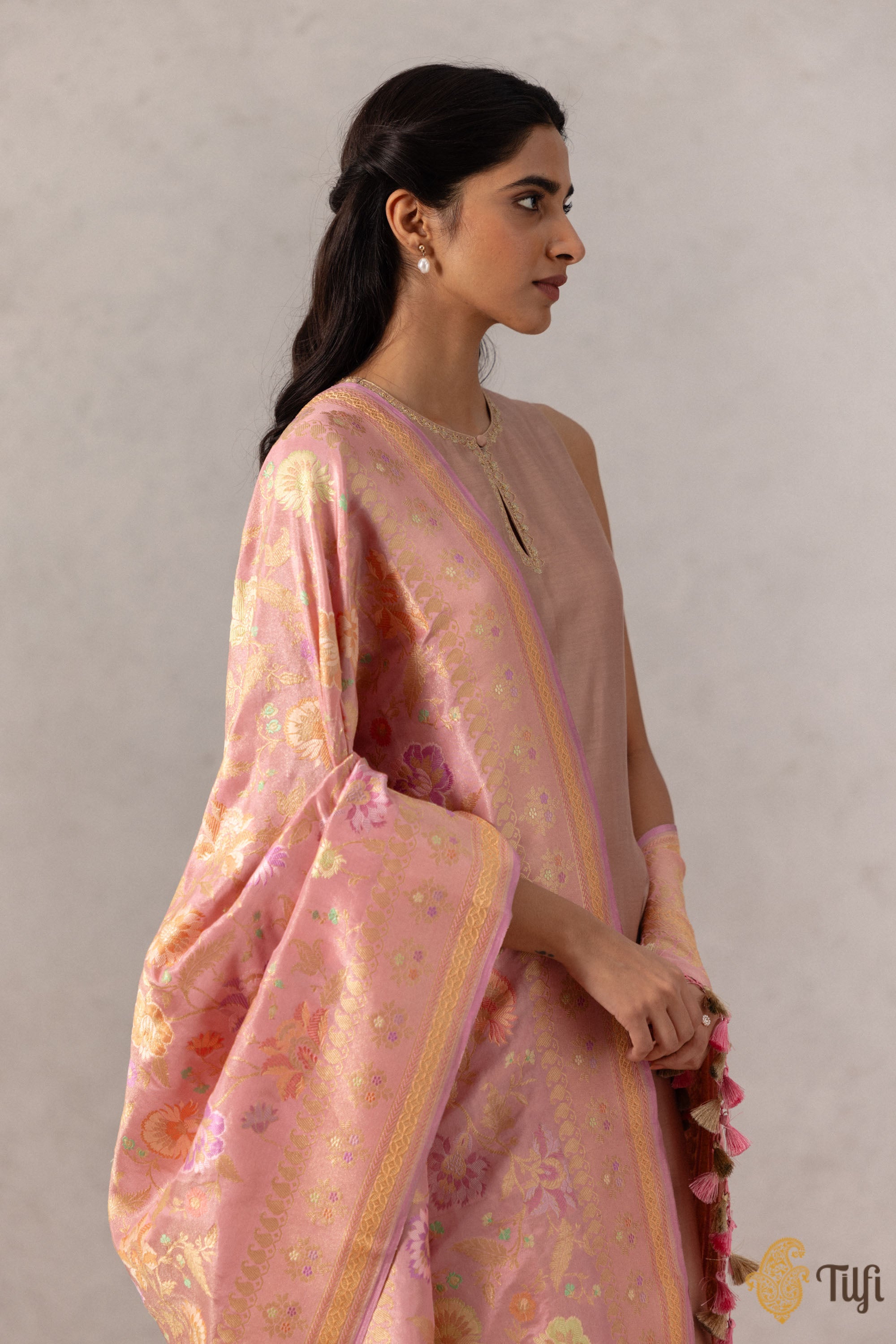 Peach -Bengal Jamdani Handloom Katan Silk Dupatta with Tassels 17