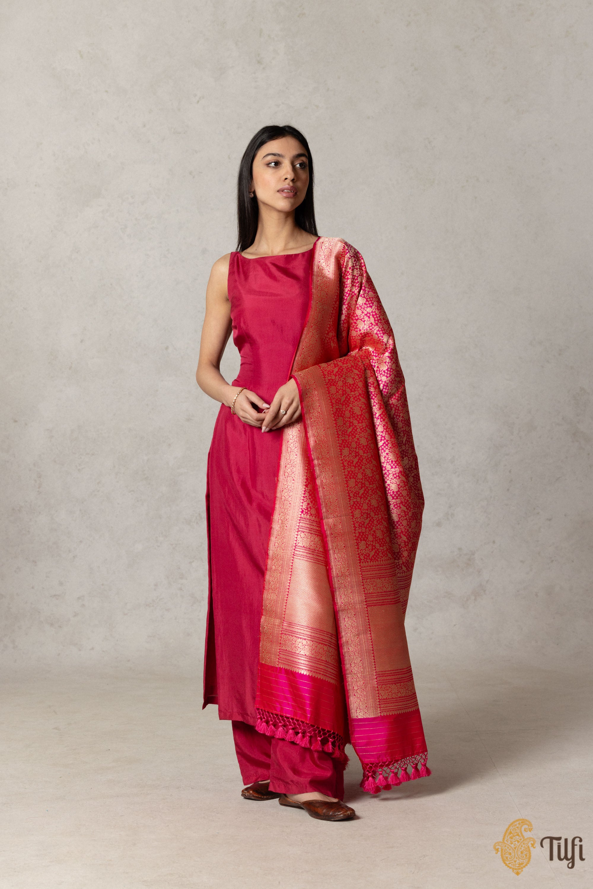 Rani Pink & Gold Shimmer Hand-Woven Patti Katan Silk Dupatta with Meenakari Florals