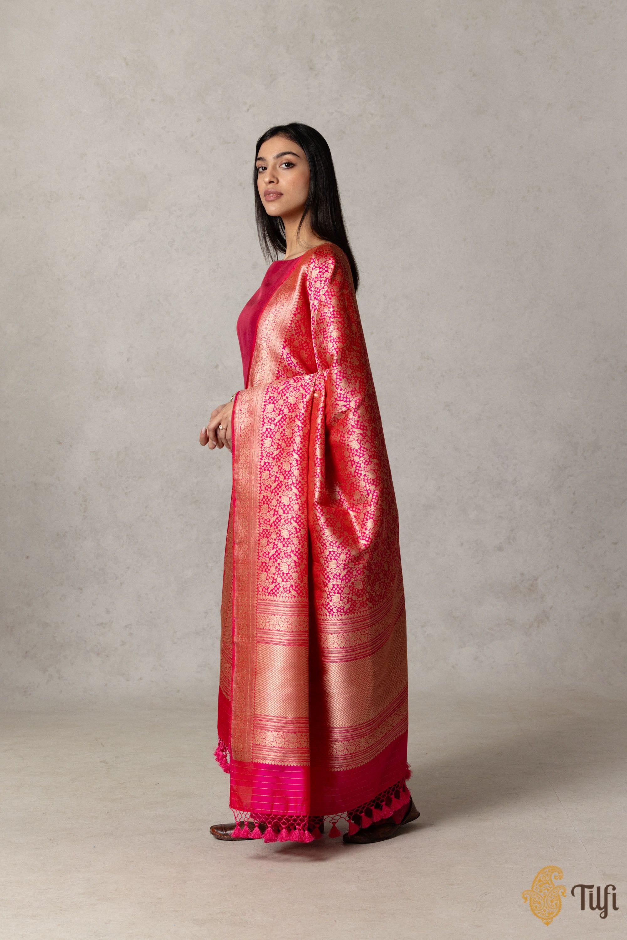 Rani Pink & Gold Shimmer Hand-Woven Patti Katan Silk Dupatta with Meenakari Florals main image 1