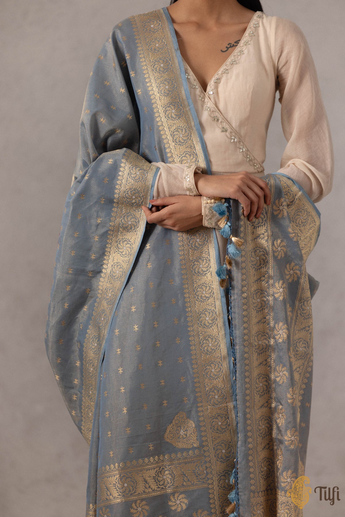 Grey Blue Pure Cotton Tissue Banarasi Handloom Dupatta