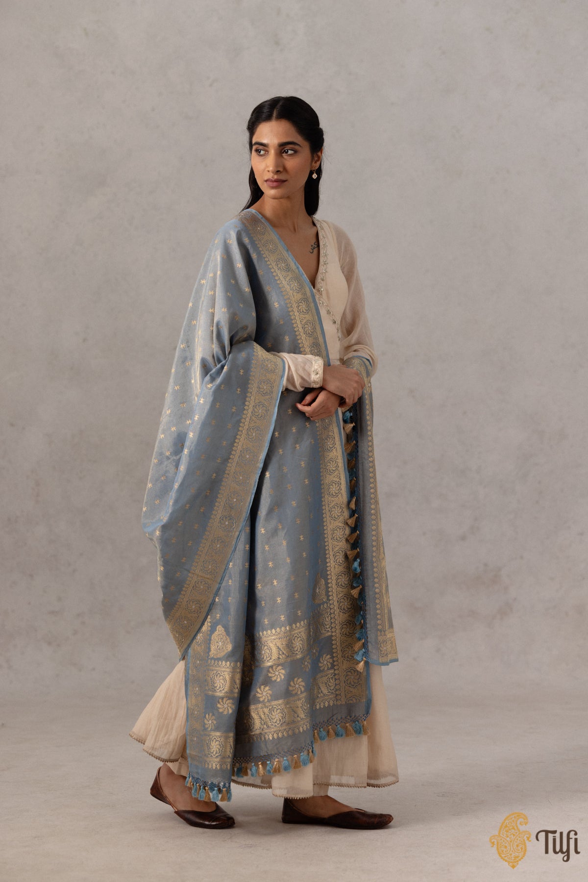 Grey Blue Pure Cotton Tissue Banarasi Handloom Dupatta