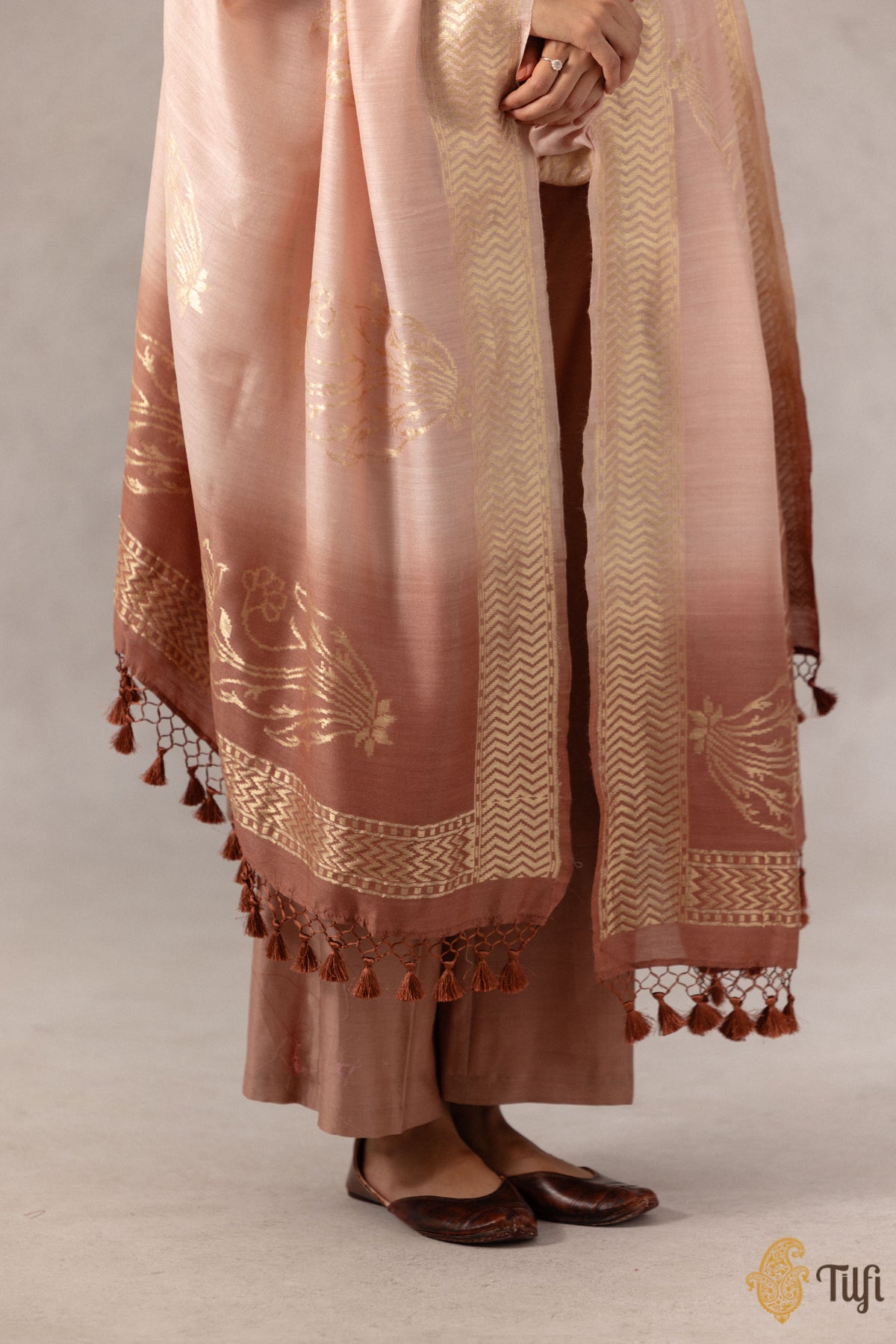 Pastel Pink-Brown Pure Monga Silk Banarasi Handloom Dupatta
