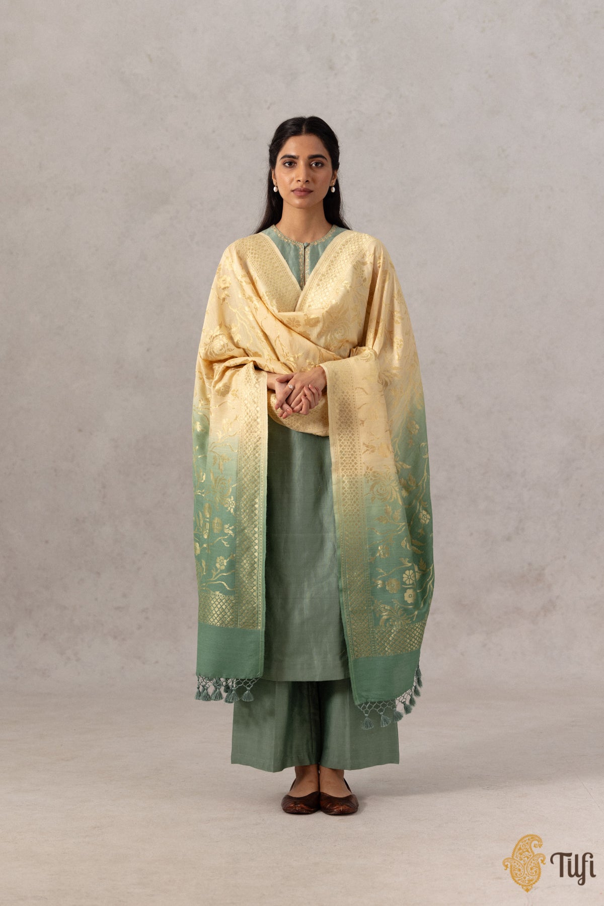 Off-White-Green Pure Monga Silk Banarasi Handloom Dupatta