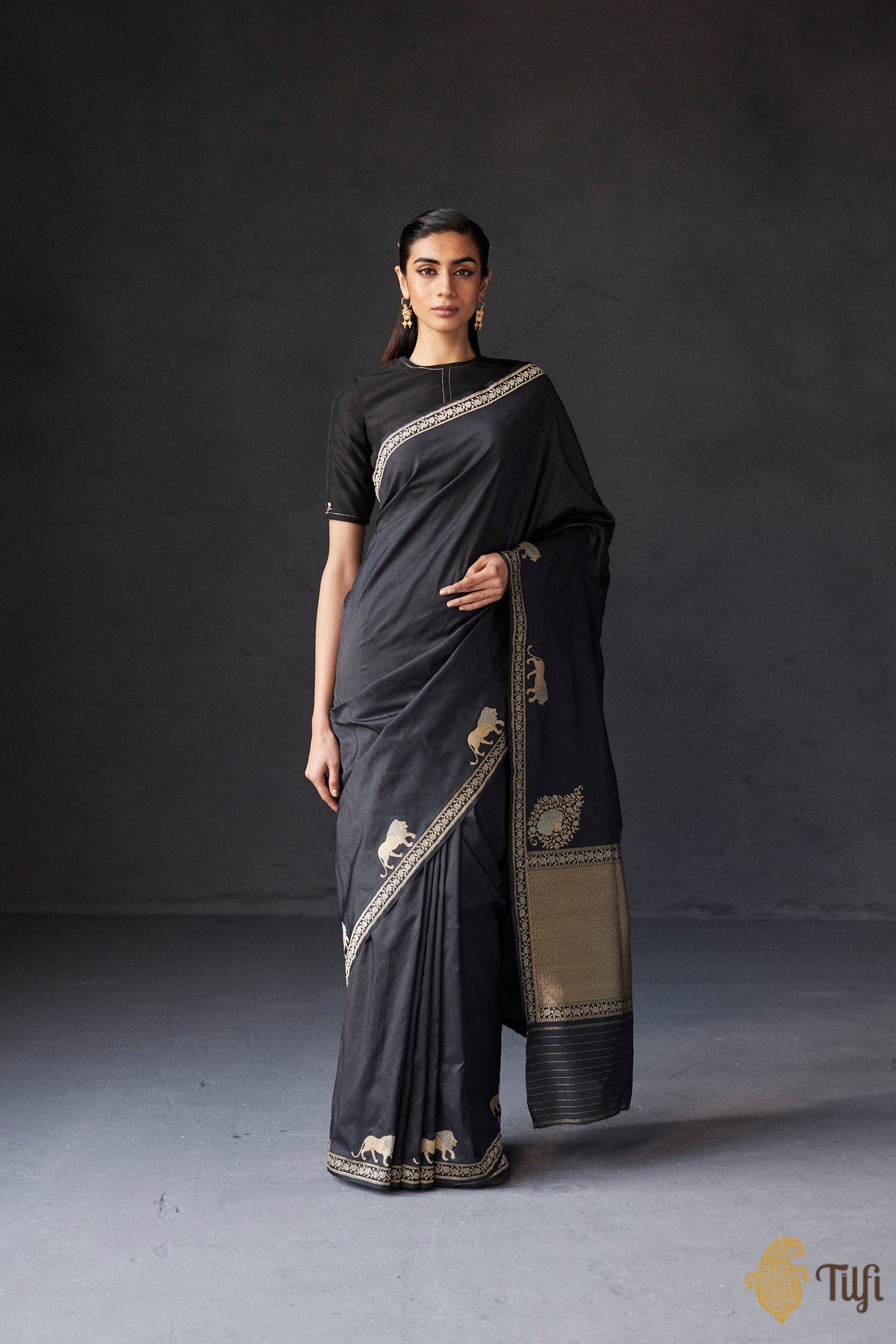Pre-Order: Black Pure Katan Silk Banarasi Shikargah Handloom Saree