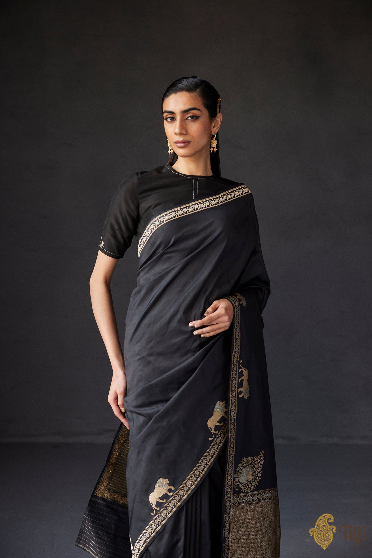 Pre-Order: Black Pure Katan Silk Banarasi Shikargah Handloom Saree