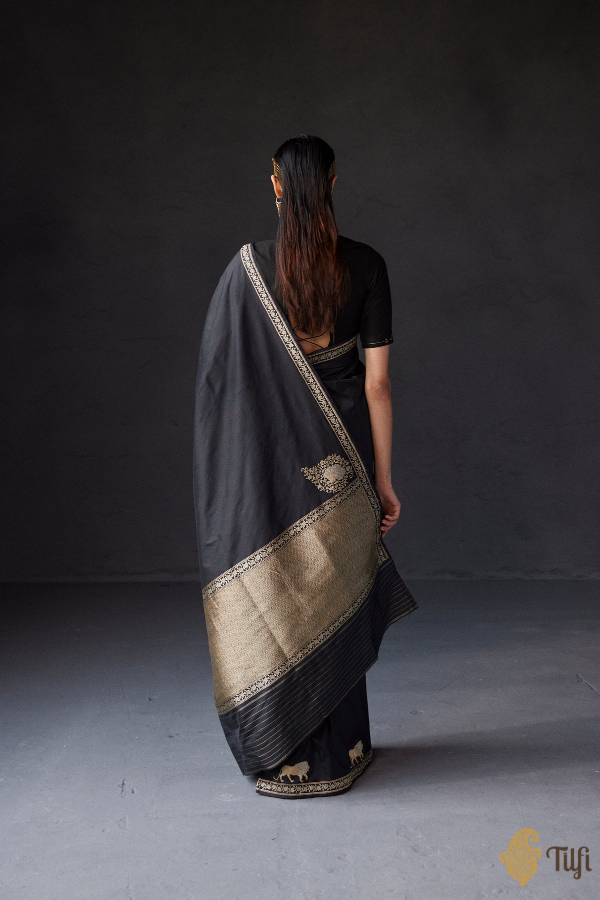 Pre-Order: &#39;Pride of Lions&#39; Black Pure Katan Silk Banarasi Shikargah Handloom Saree