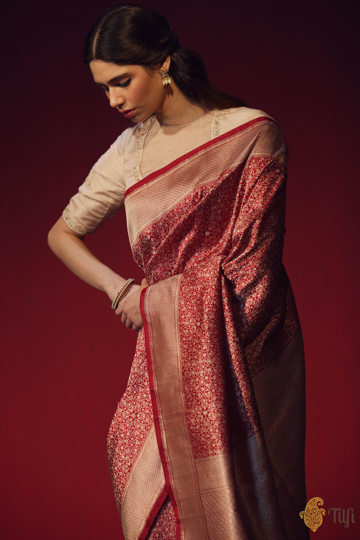 Pre-Order: &#39;Zohra&#39; Maroon Pure Katan Silk Banarasi Handloom Saree