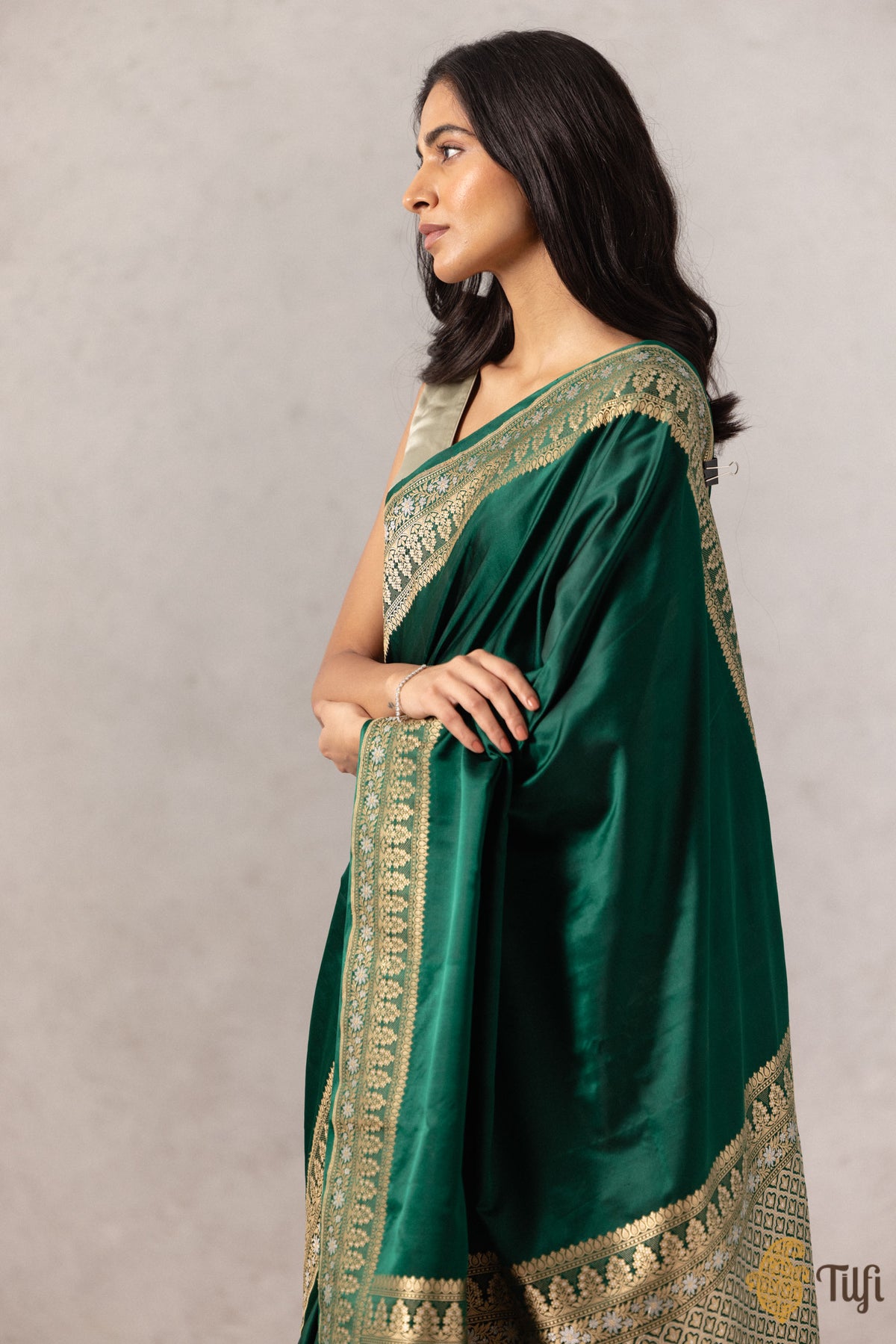 &#39;Uma&#39; Bottle Green Pure Soft Satin Silk Banarasi Handloom Saree