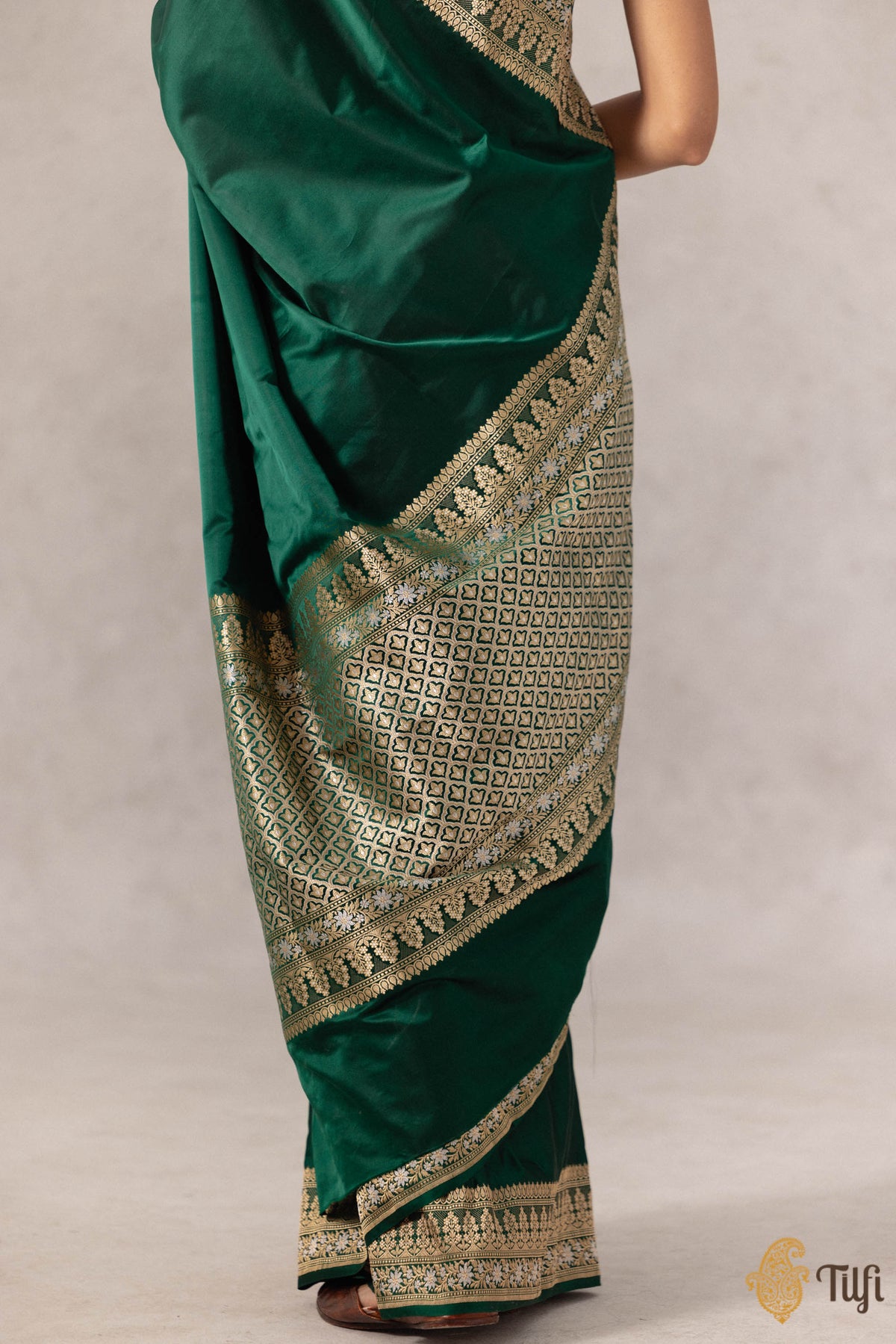 &#39;Uma&#39; Bottle Green Pure Soft Satin Silk Banarasi Handloom Saree