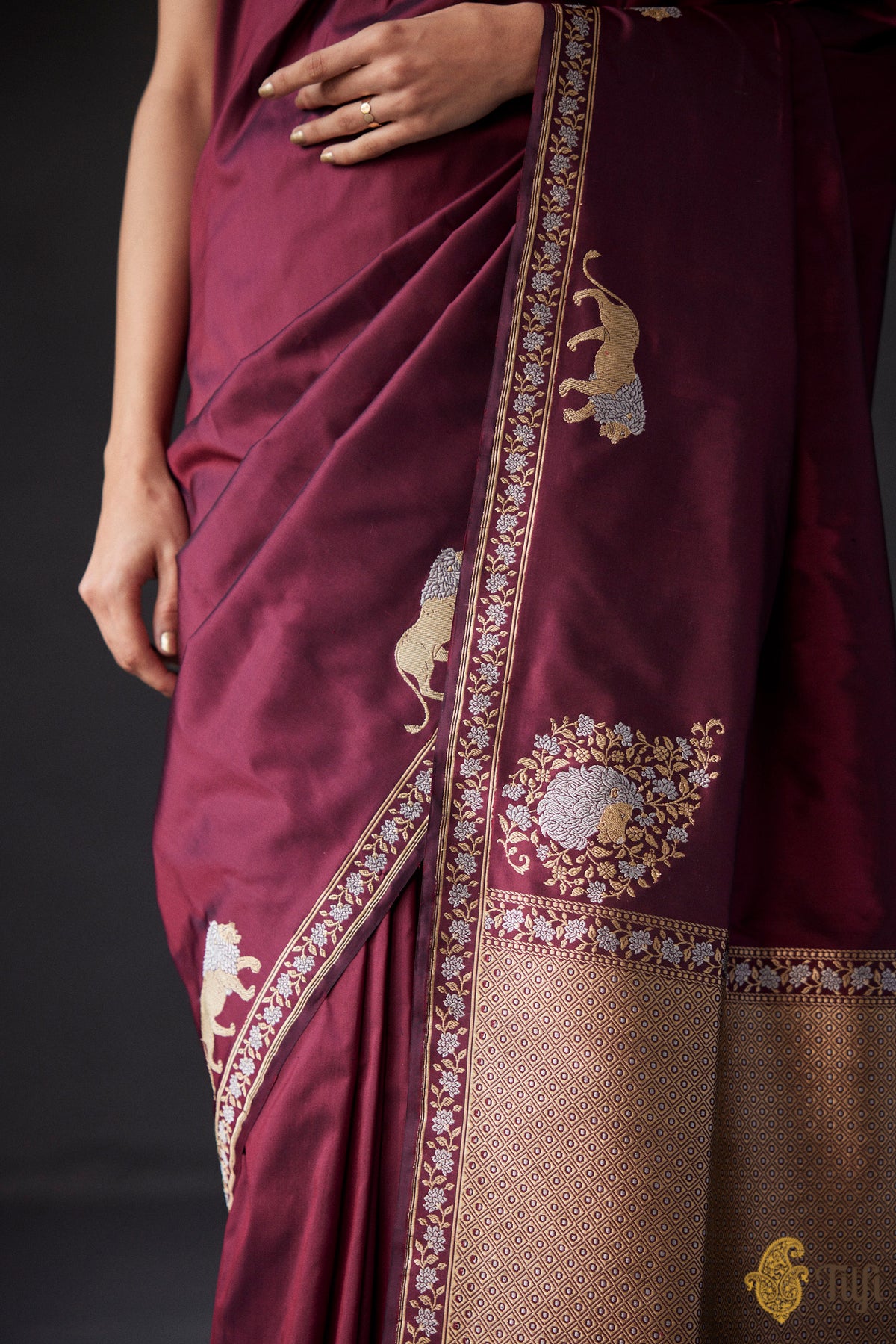 Pre-Order: &#39;Pride of Lions&#39; Deep Red Pure Katan Silk Banarasi Shikargah Handloom Saree