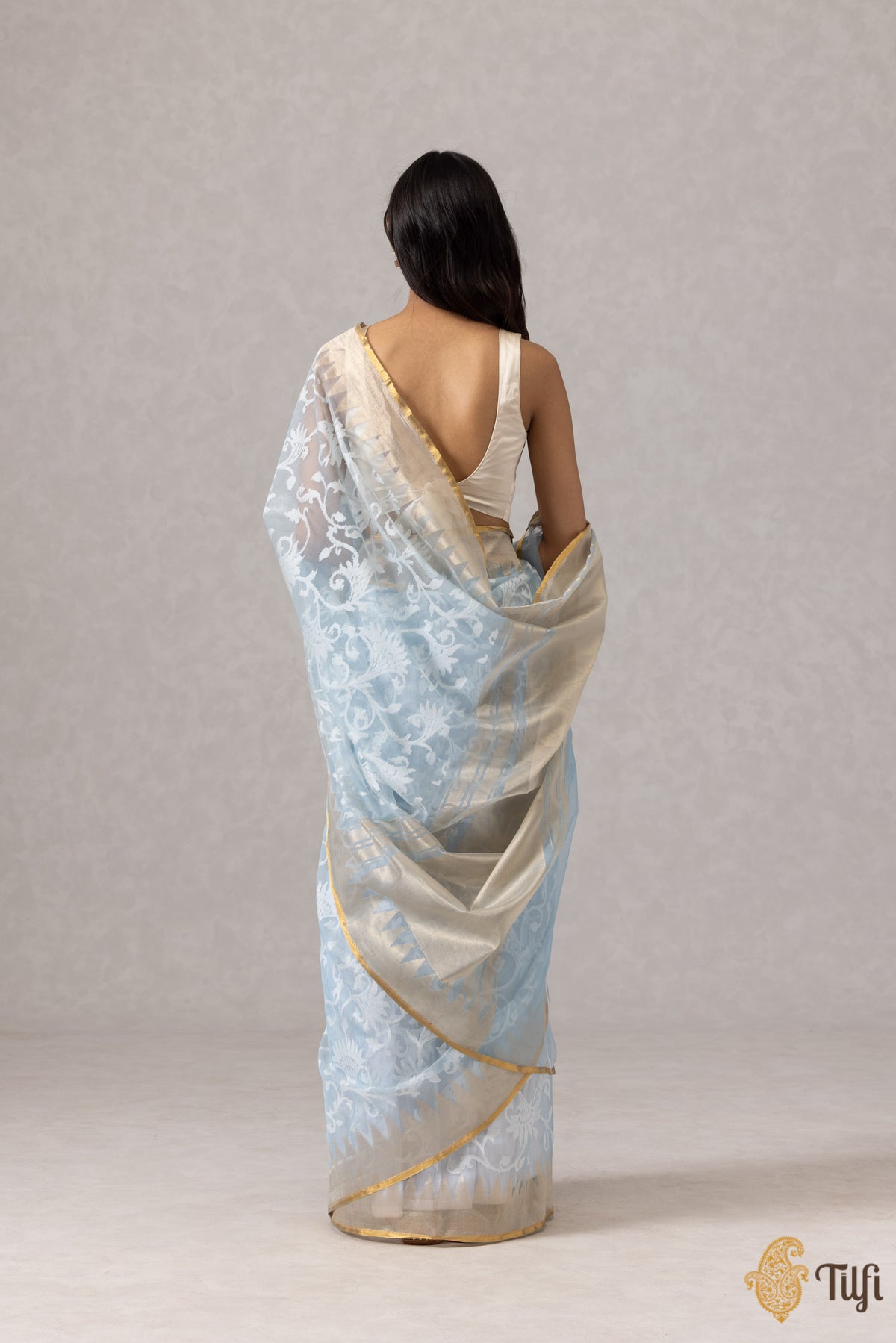 Blue Pure Kora Silk Net Banarasi Handloom Saree