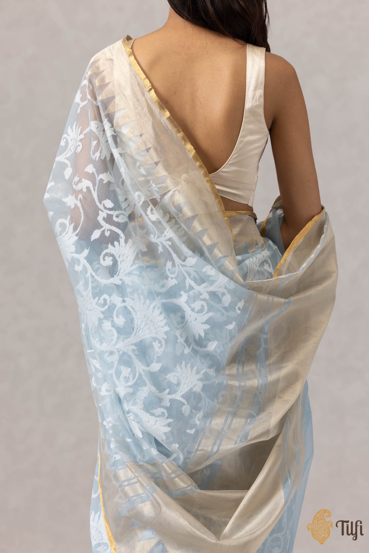 Blue Pure Kora Silk Net Banarasi Handloom Saree