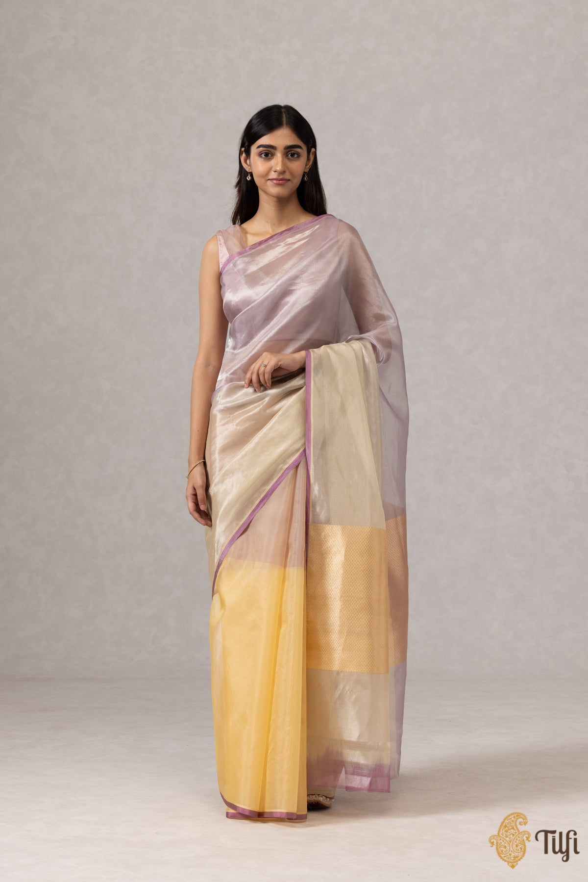 Cream-Lavender Pure Kora Silk Tissue Banarasi Handloom Saree