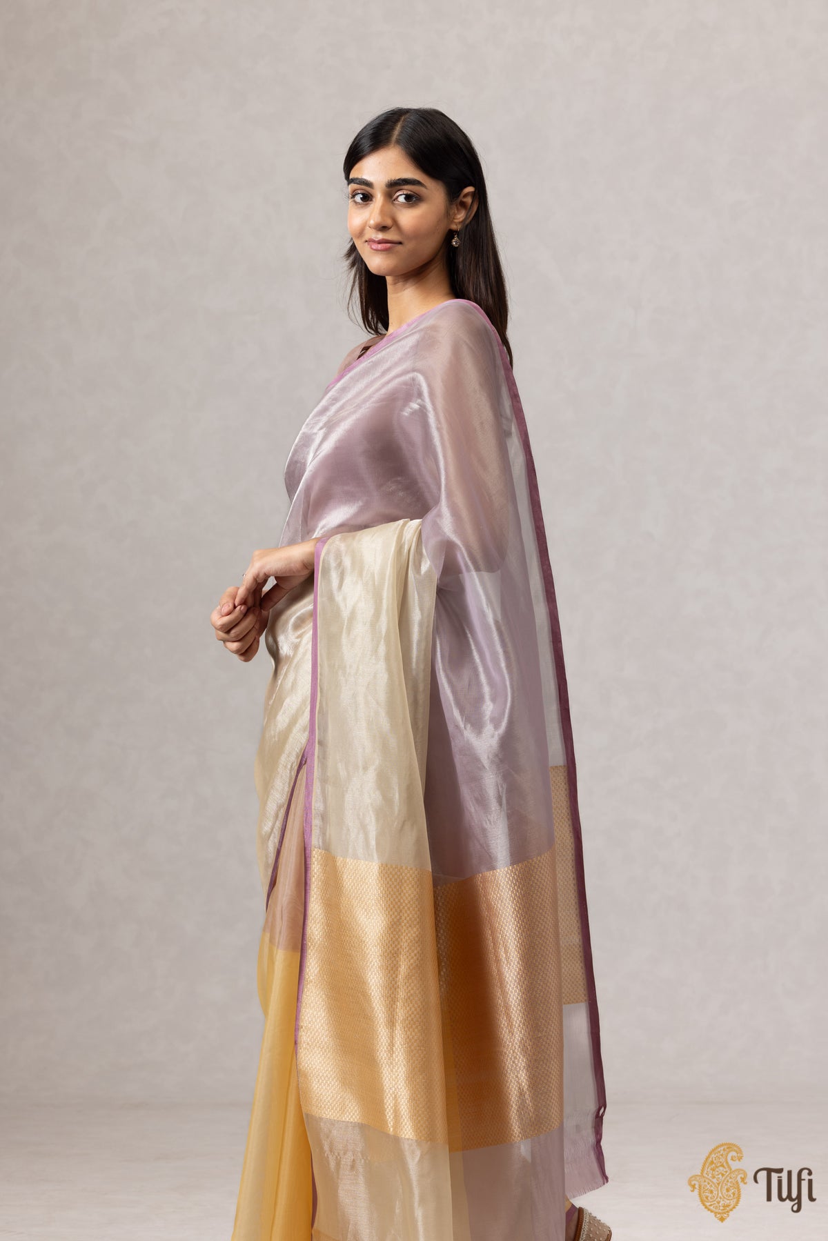 Cream-Lavender Pure Kora Silk Tissue Banarasi Handloom Saree