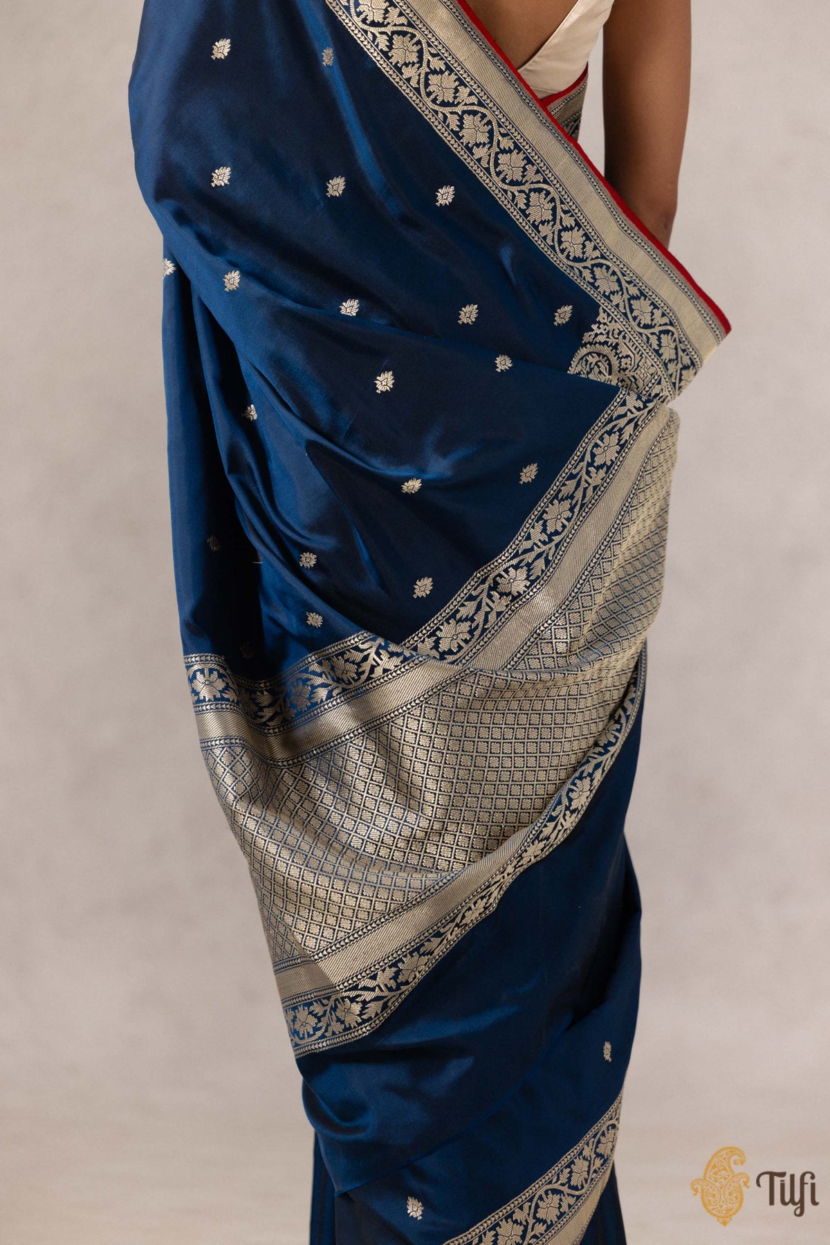 Pre-Order: &#39;Tarini&#39; Navy Blue Pure Katan Silk Ektara Banarasi Handloom Saree