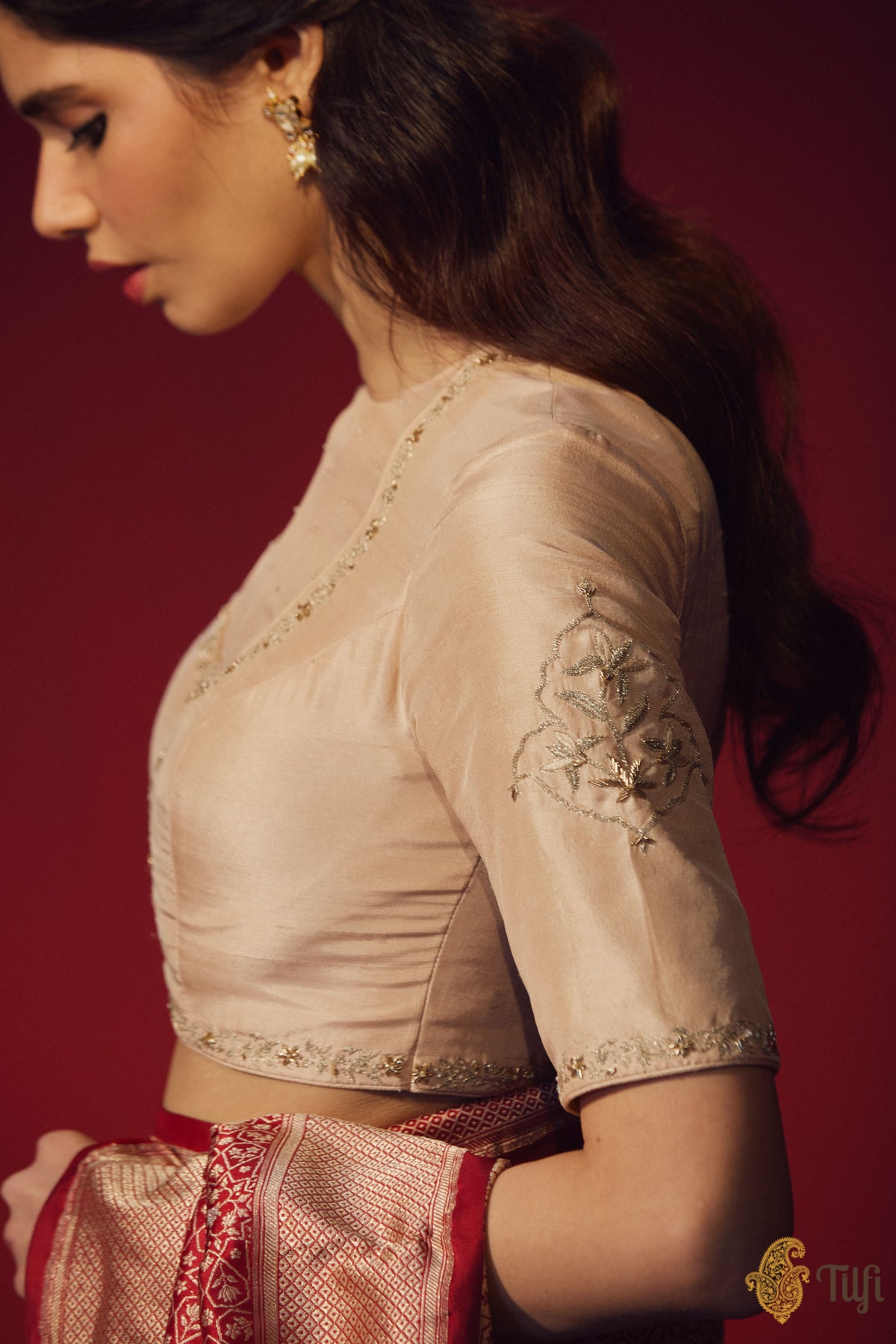 Beige Hand-embroidered Raw Silk Blouse
