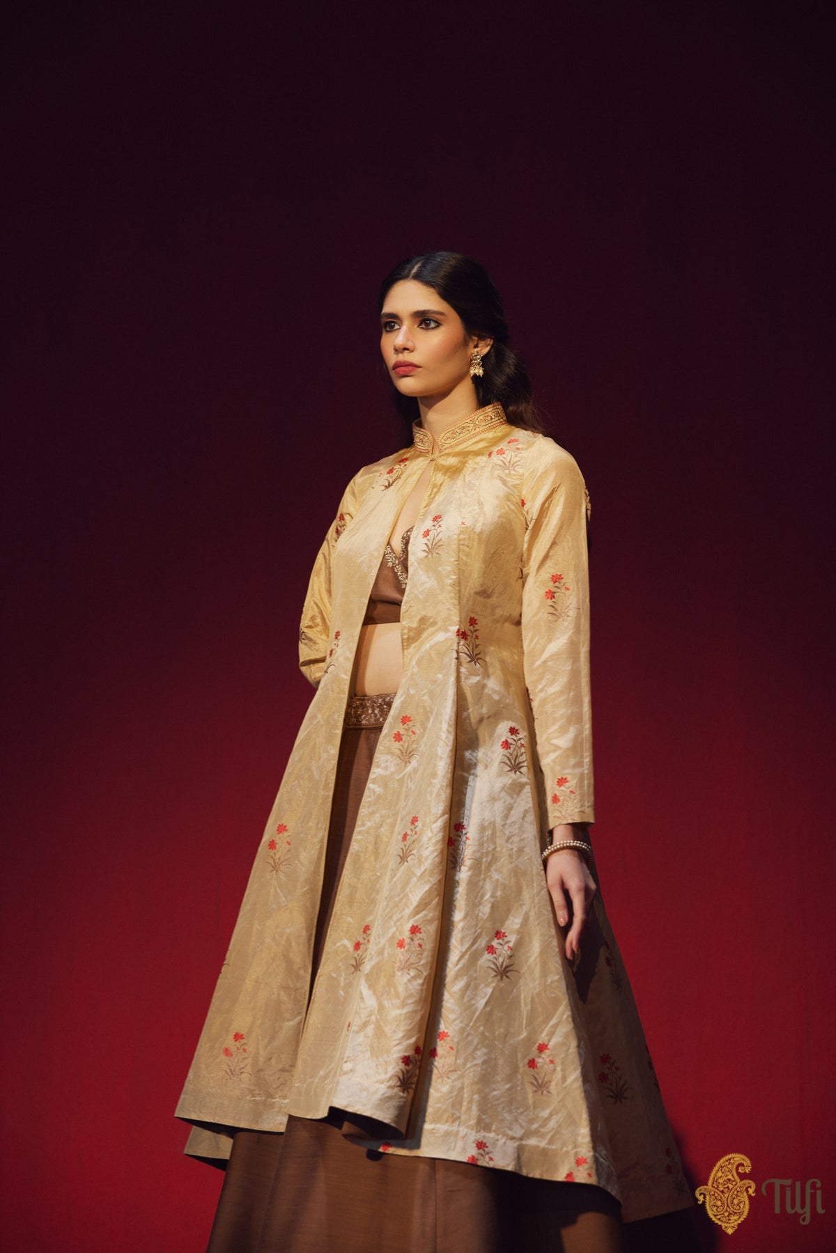 Gold Handwoven Banarasi Tissue Overlay with Brown Lehenga Set