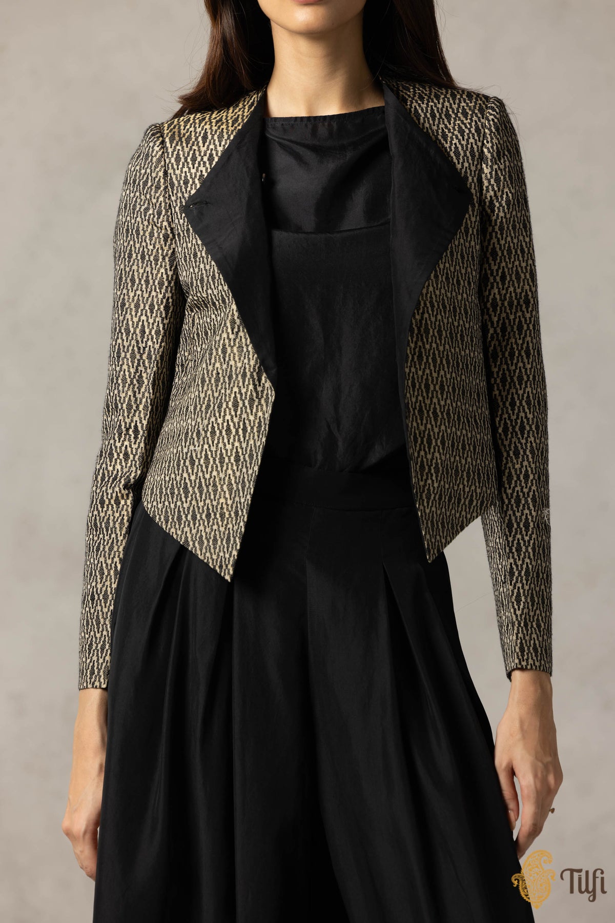 Beige and Black Pure Katan Silk Tissue Handwoven Asymmetrical Cropped Jacket