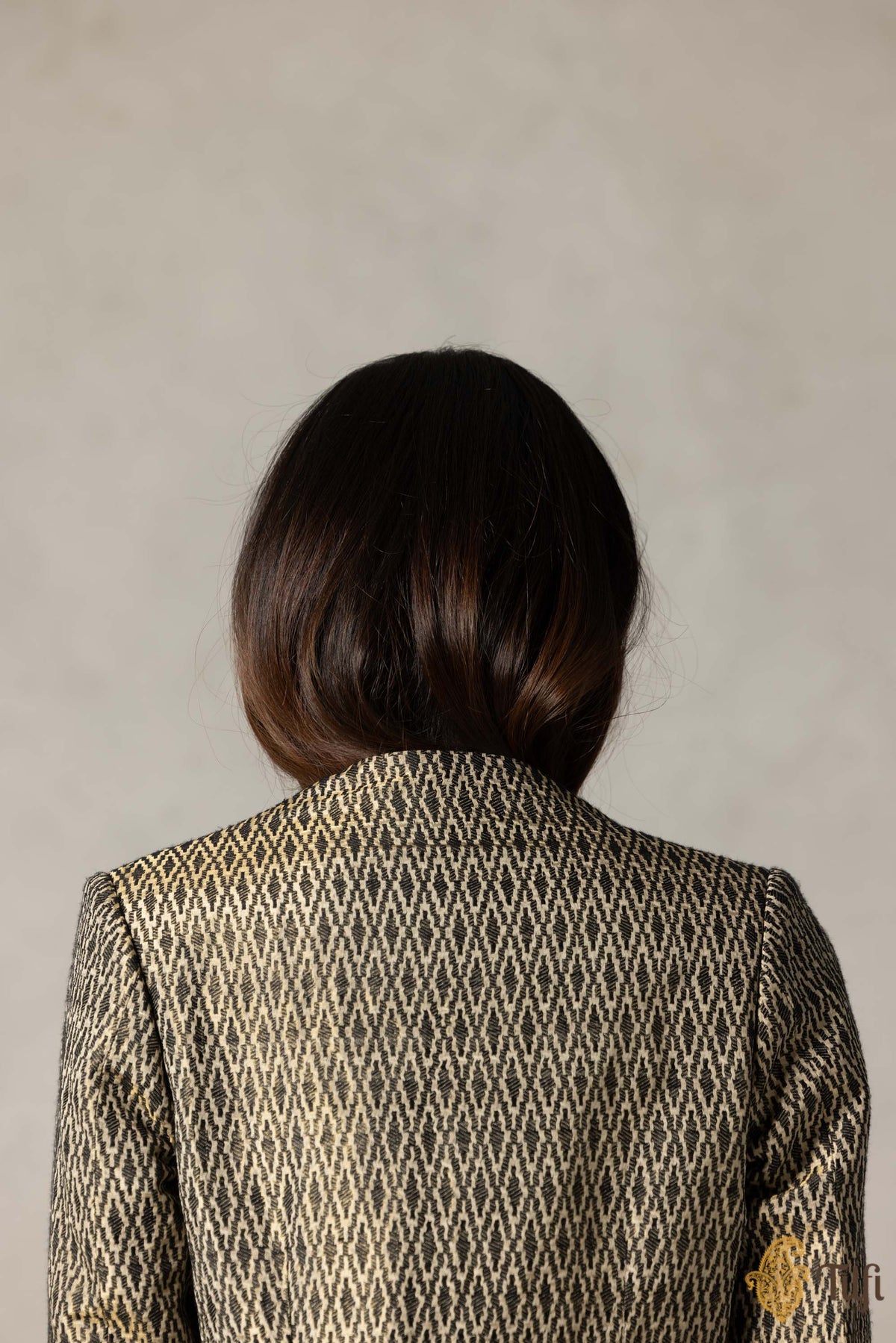 Beige and Black Pure Katan Silk Tissue Handwoven Asymmetrical Cropped Jacket