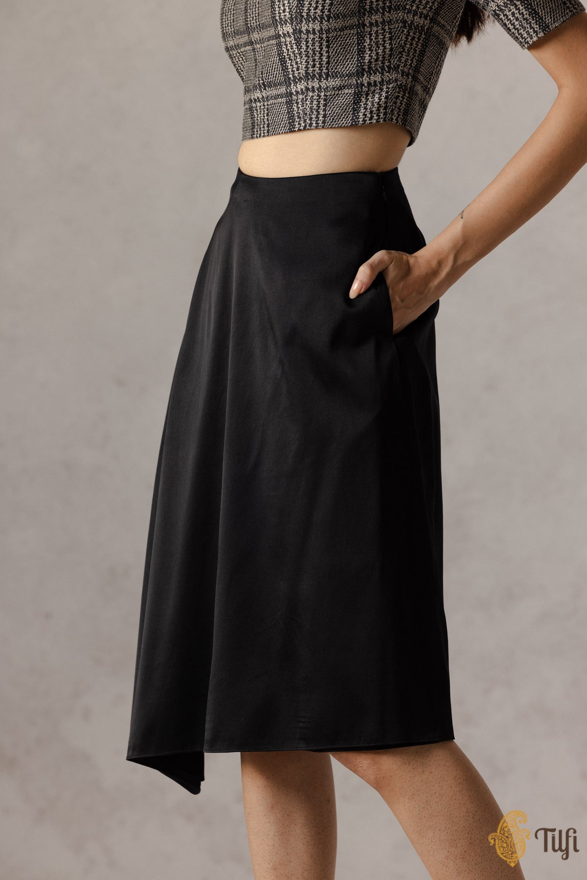 Black Pure Satin Silk Asymmetrical Skirt