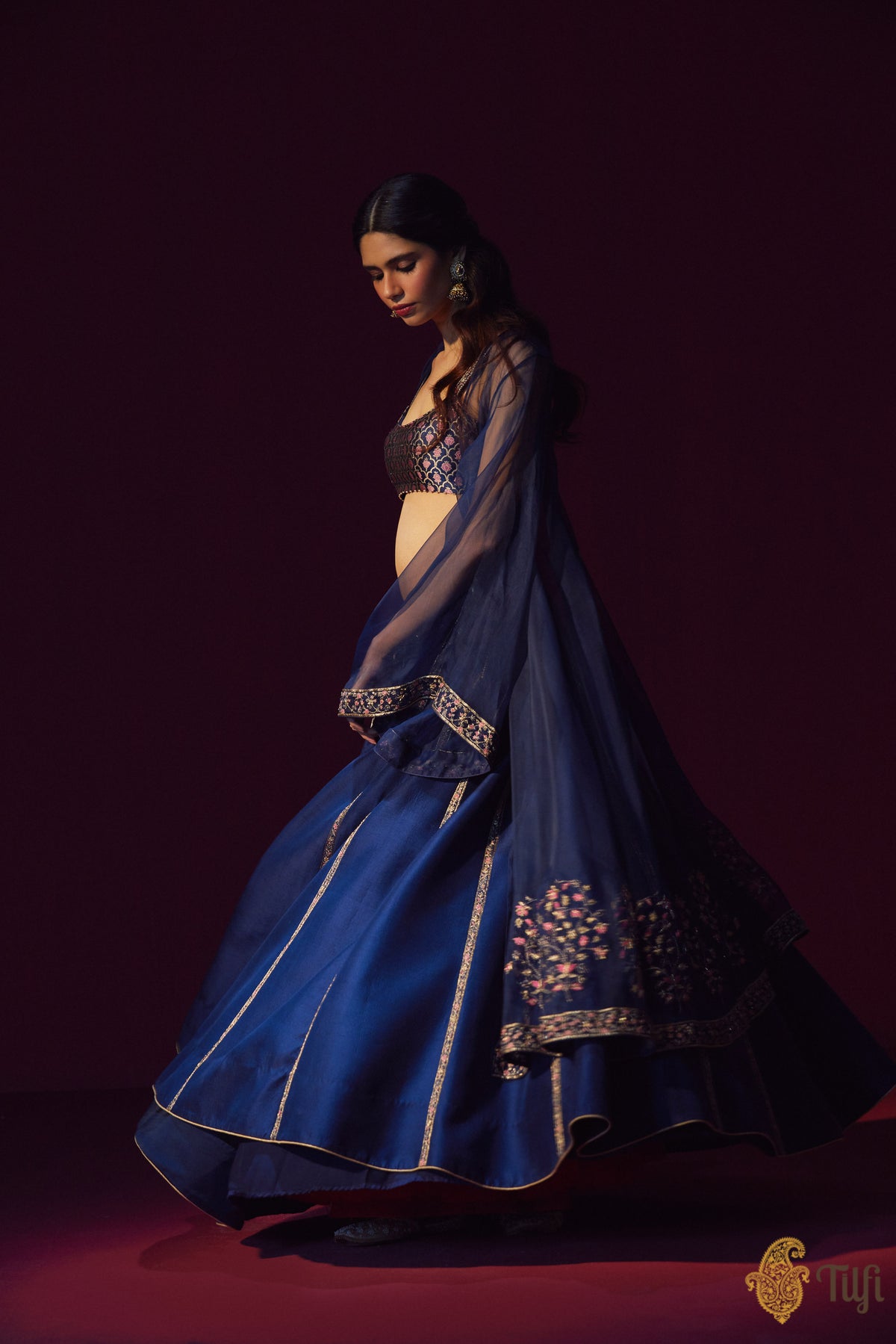 Royal Blue Banarasi Handloom Lehenga Set with Hand-embroidered Overlay