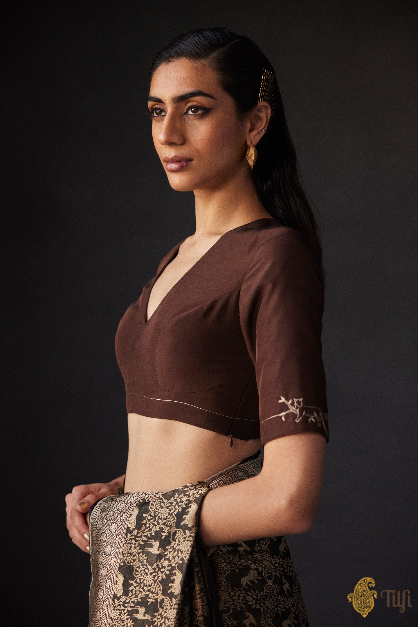 Turquoise intricately floral embroidered round neck with elbow sleeve  raw-silk blouse main image 1
