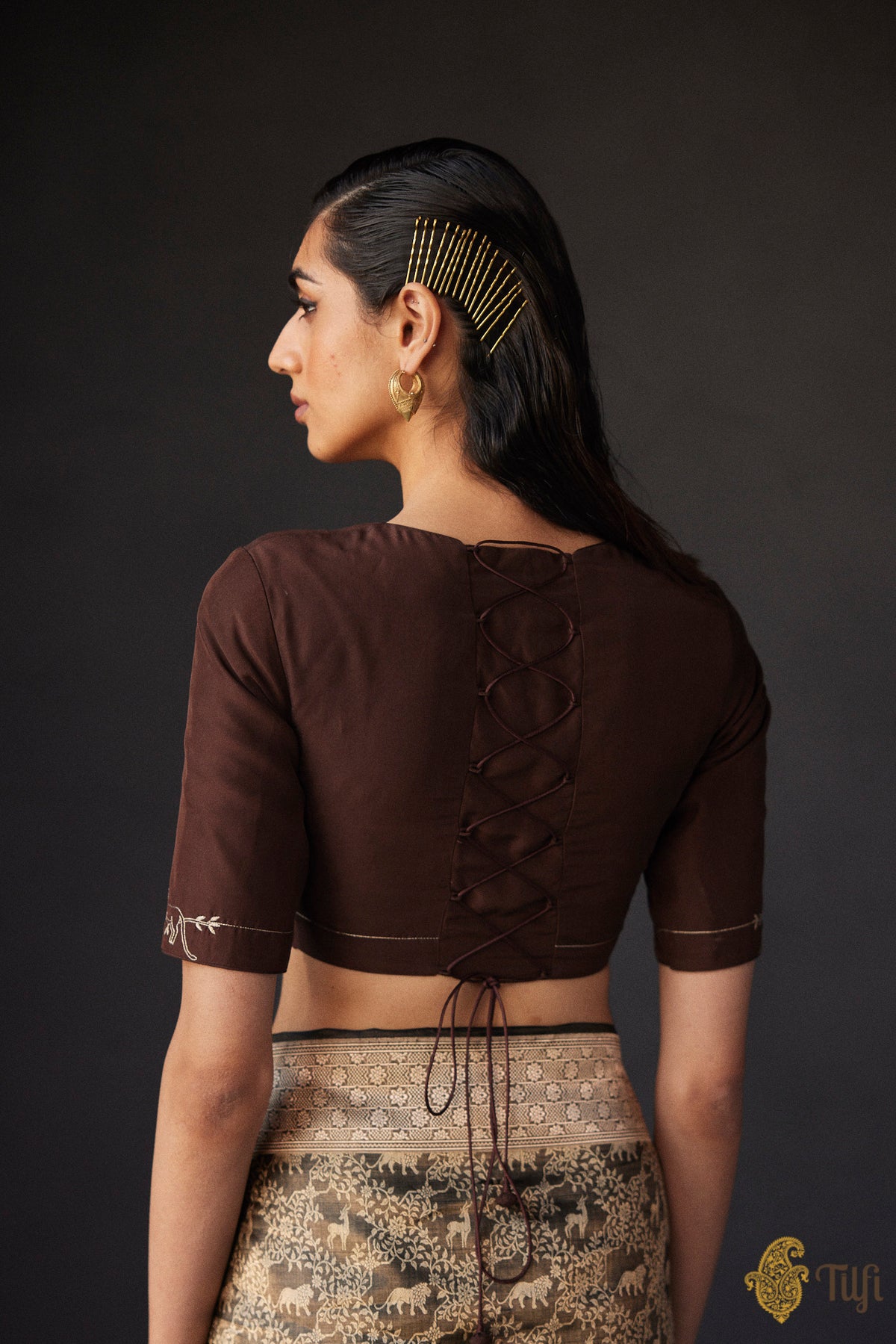 Brown Pure Silk Hand-embroidered Blouse