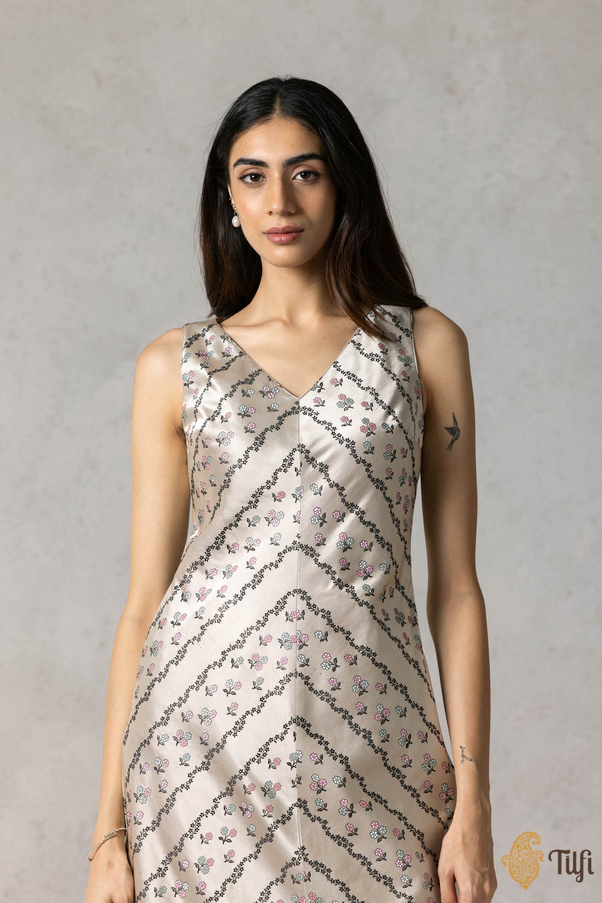 Off-White Pure Satin Silk Banarasi Handloom Suit Set