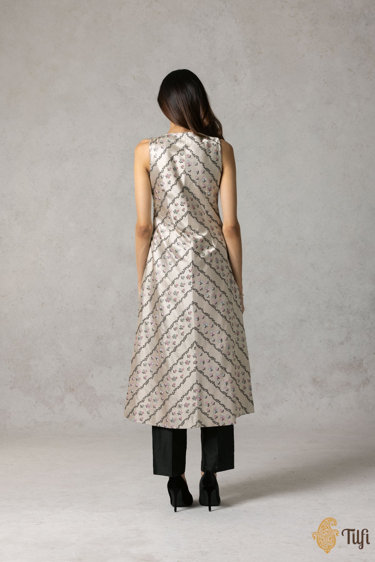 Off-White Pure Satin Silk Banarasi Handloom Suit Set