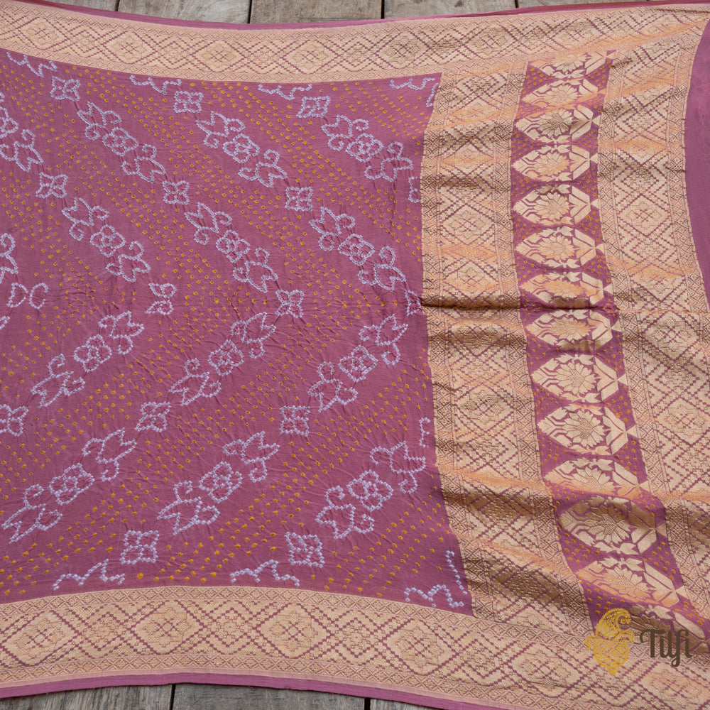 Old Rose Pink Pure Georgette Banarasi Handloom Bandhani Dupatta