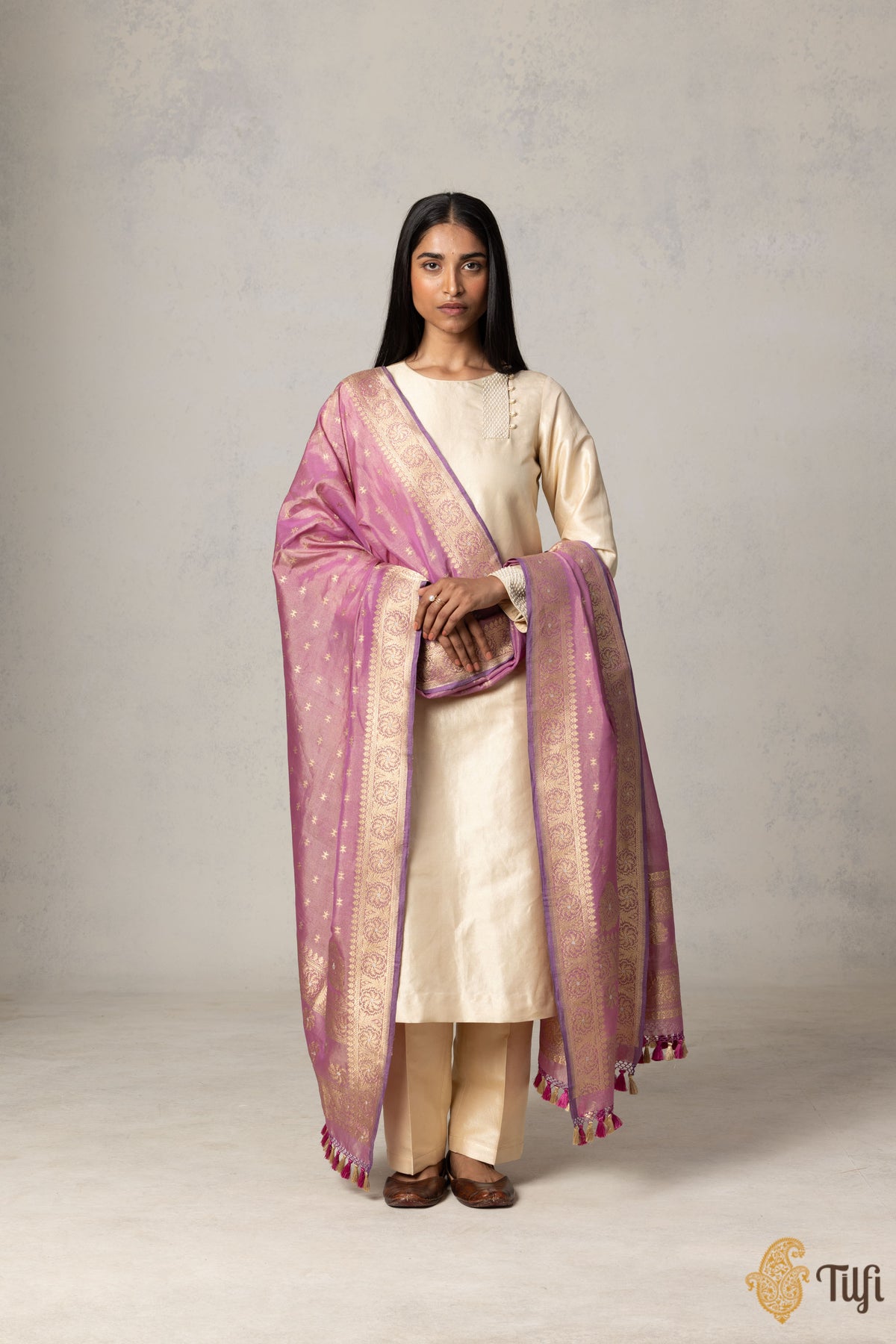 Mauve-Pink Pure Cotton Tissue Banarasi Handloom Dupatta