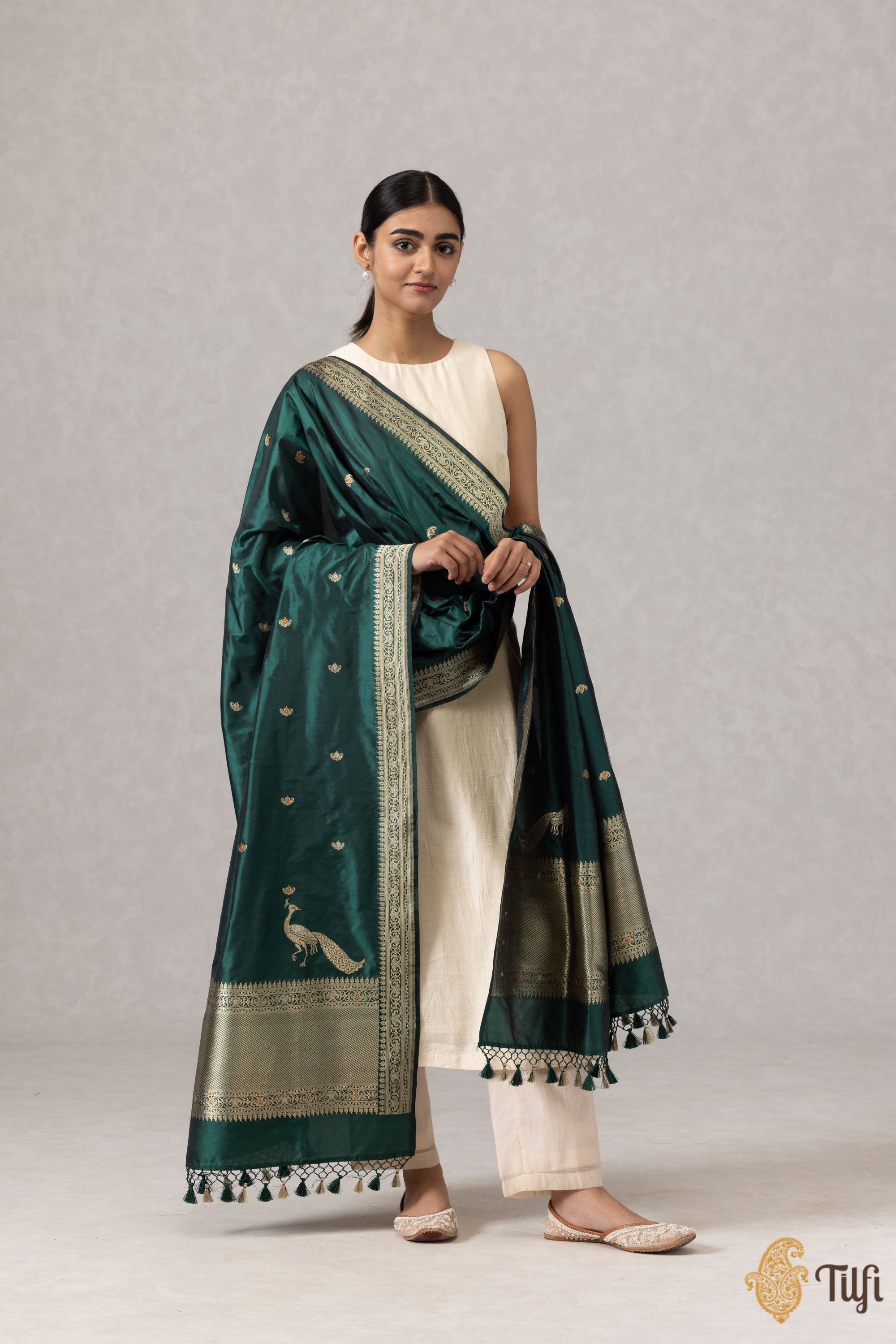 Bottle Green Embellished Silk Dupatta main image 1