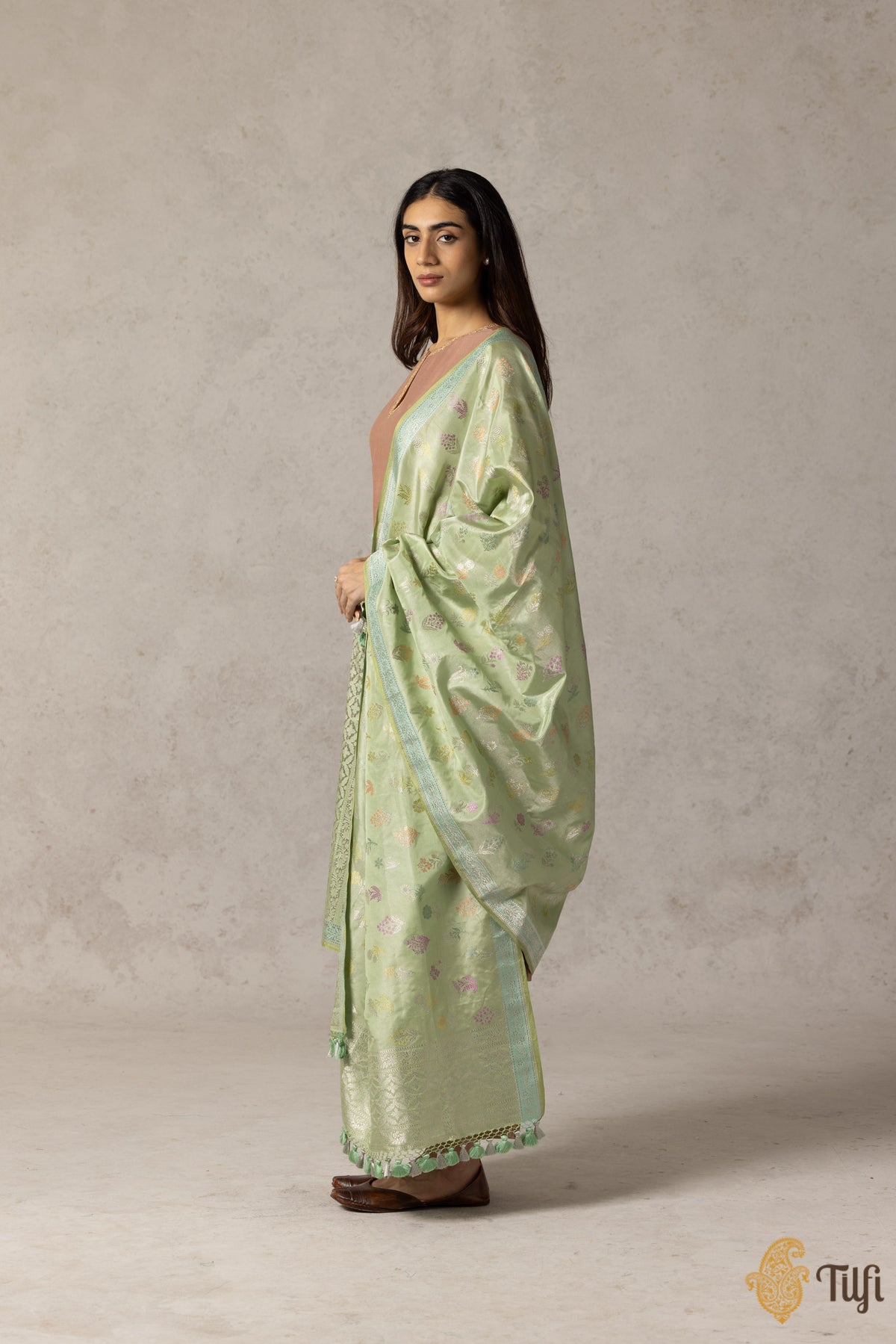 Pastel Green Pure Katan Silk Tissue Banarasi Handloom Dupatta