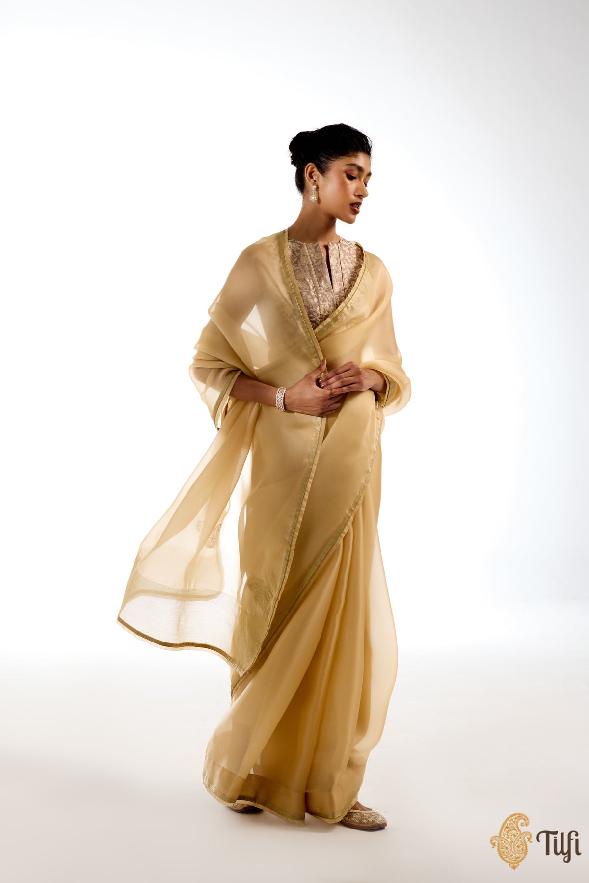 Pre-Order: &#39;Triveni&#39; Light Gold Satin Silk Organza Hand Embroidered Saree