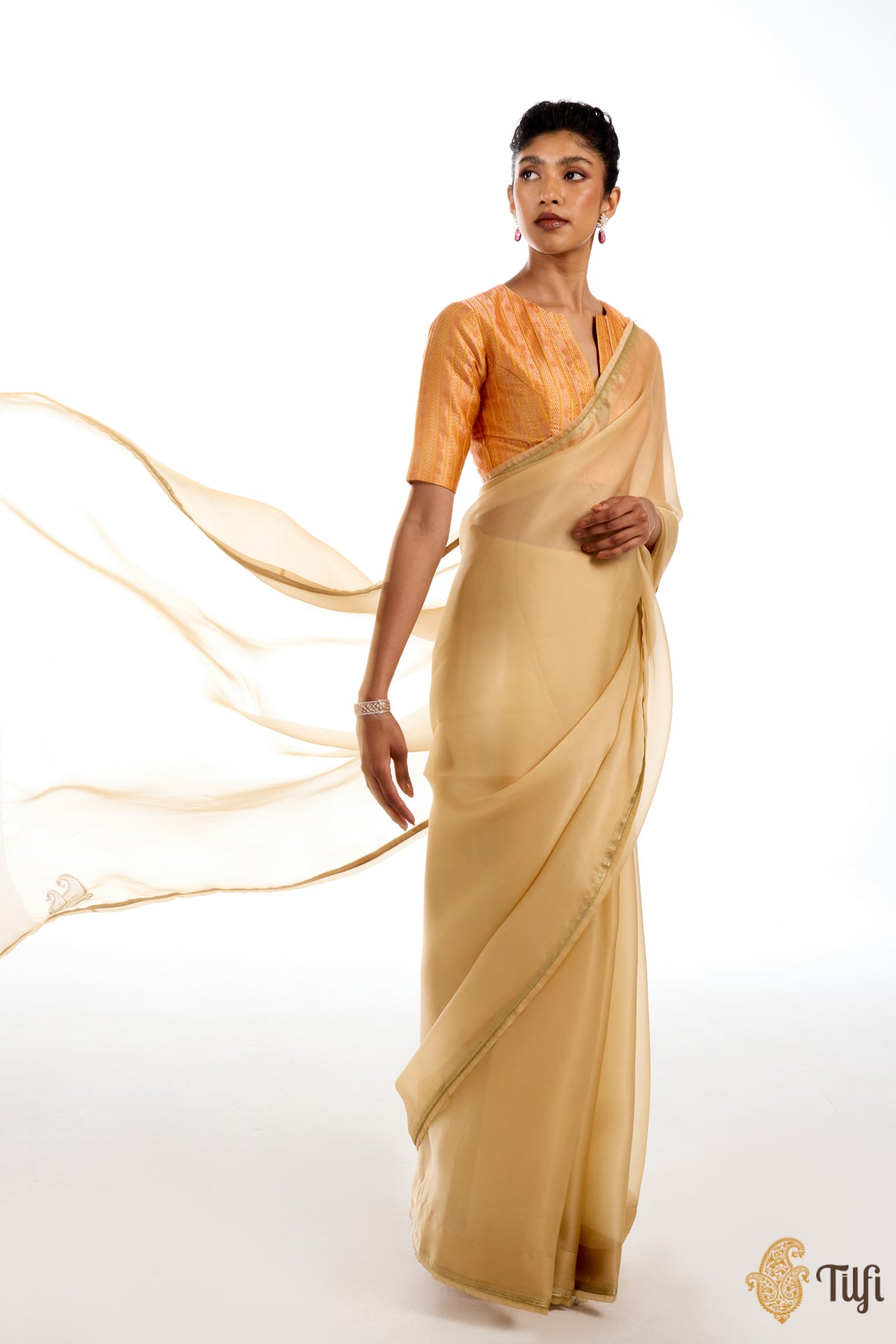 &#39;Triveni&#39; Light Gold Satin Silk Organza Hand Embroidered Saree