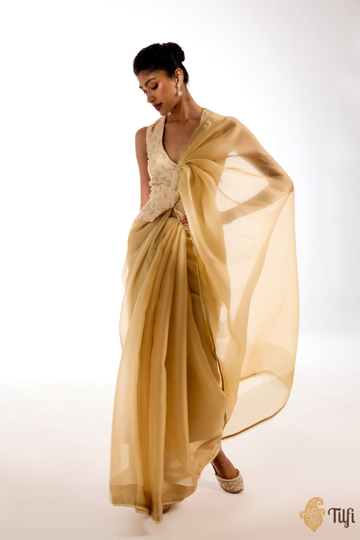 Pre-Order: &#39;Triveni&#39; Light Gold Satin Silk Organza Hand Embroidered Saree
