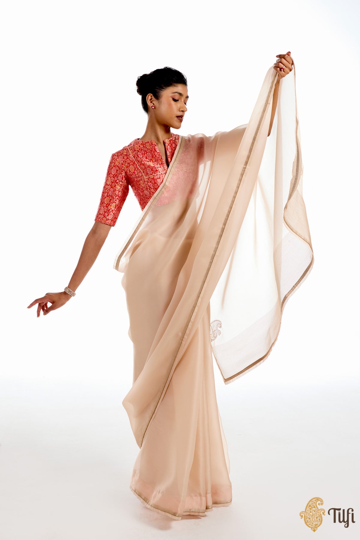 Pre-Order: &#39;Triveni&#39; Rose Gold Satin Silk Organza Hand Embroidered Saree