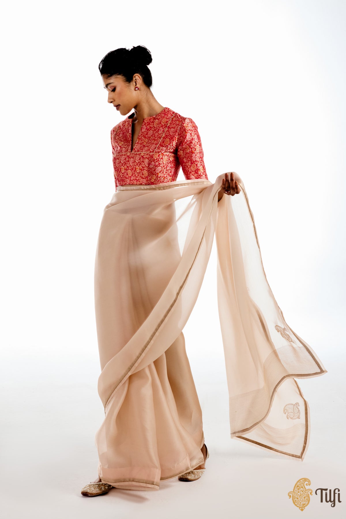 Pre-Order: &#39;Triveni&#39; Rose Gold Satin Silk Organza Hand Embroidered Saree