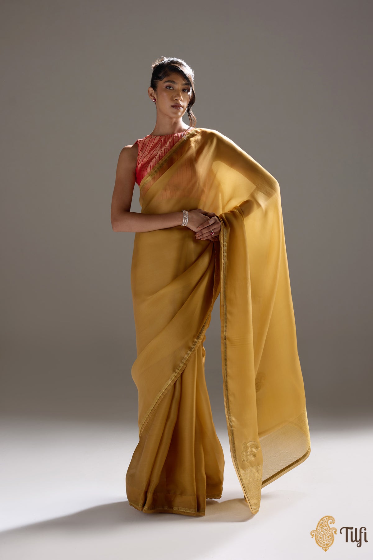 &#39;Triveni&#39; Yellow Gold Satin Silk Organza Hand Embroidered Saree